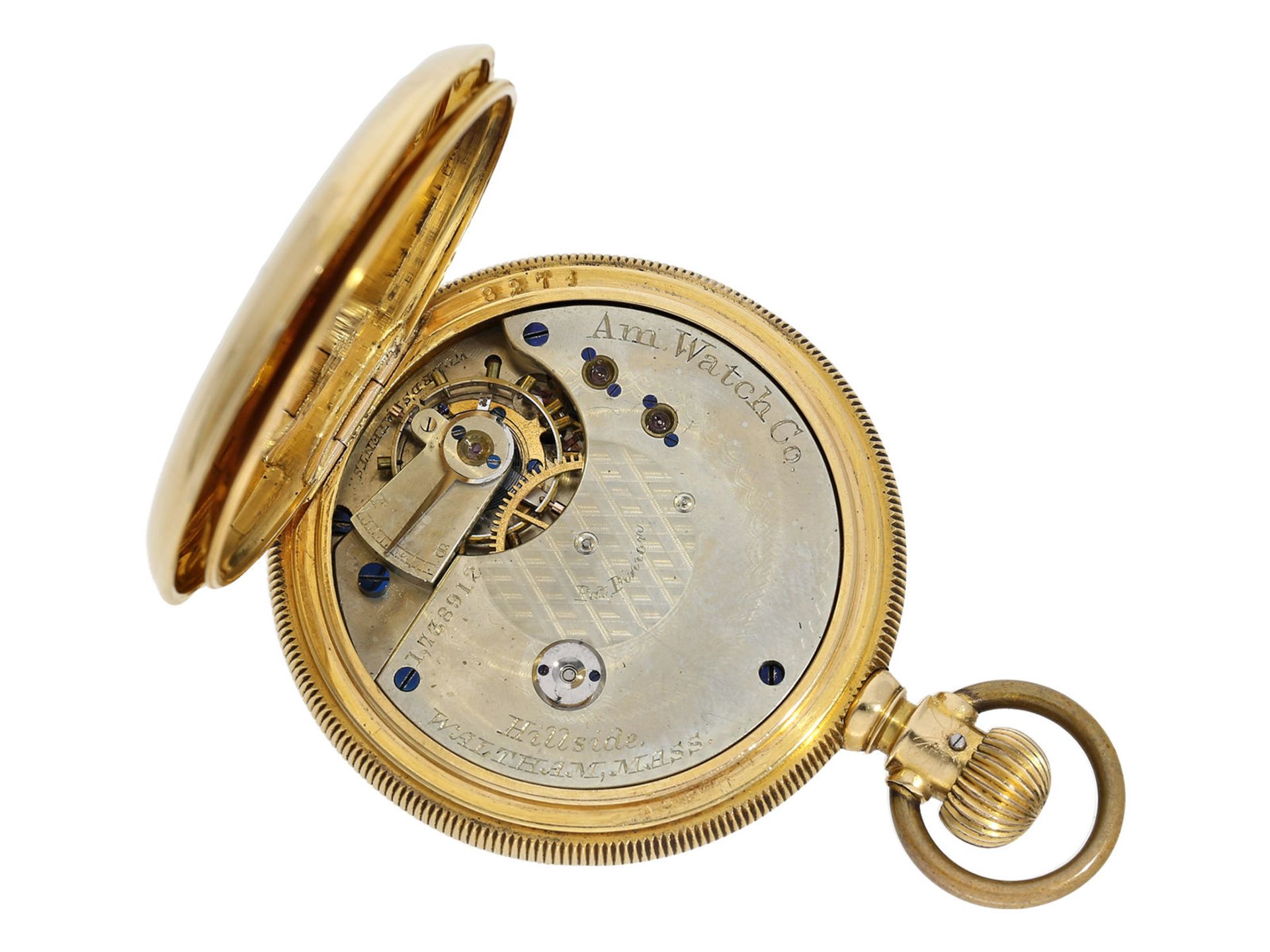 Taschenuhr: schwere, frühe amerikanische Goldsavonnette in seltener 18K Ausführung, Waltham No - Bild 4 aus 7
