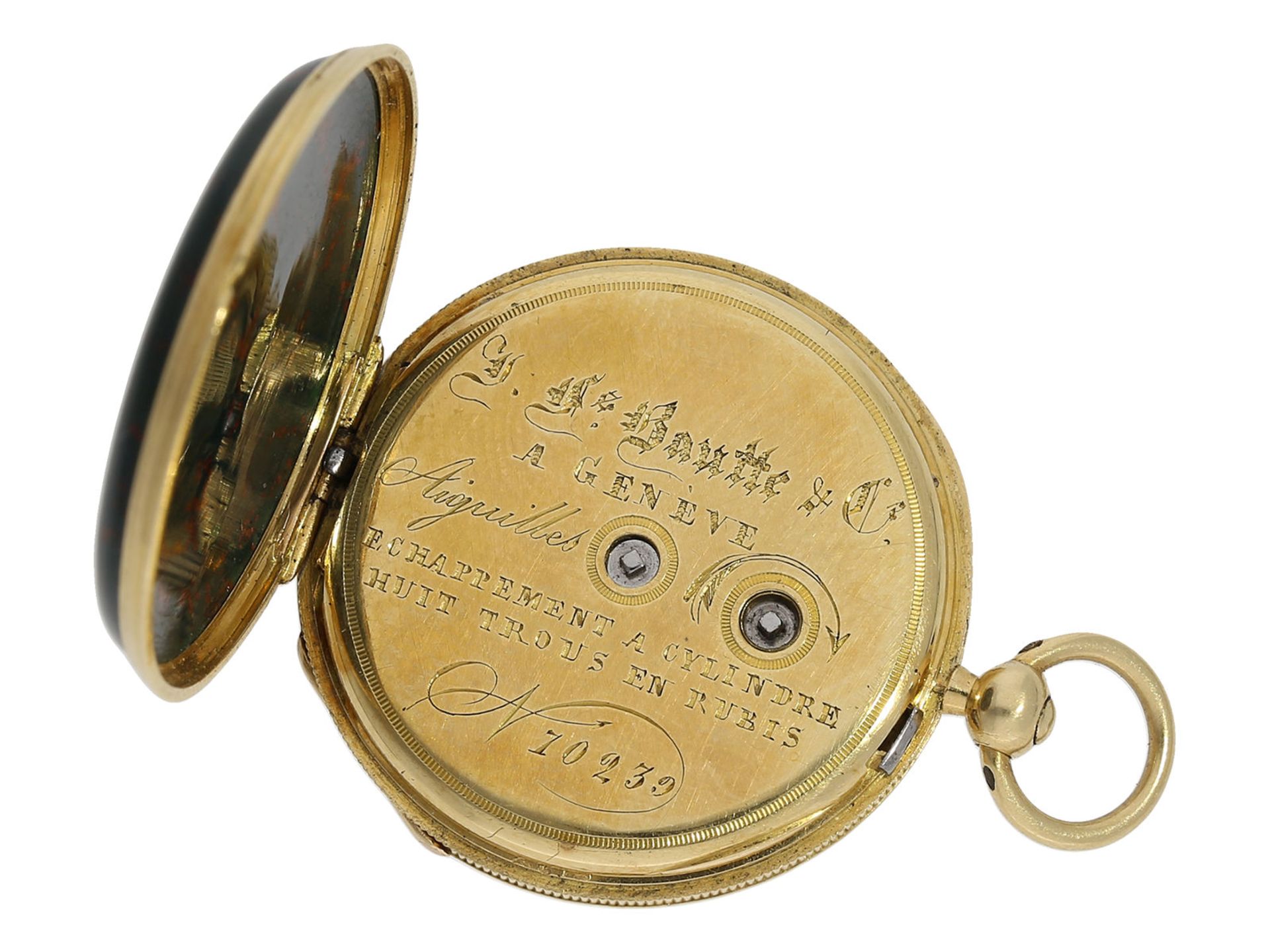 Taschenuhr: exquisite Miniatur-Lepine mit Jaspis-Gehäuse, Originalschlüssel und Originalbox, J - Bild 5 aus 8