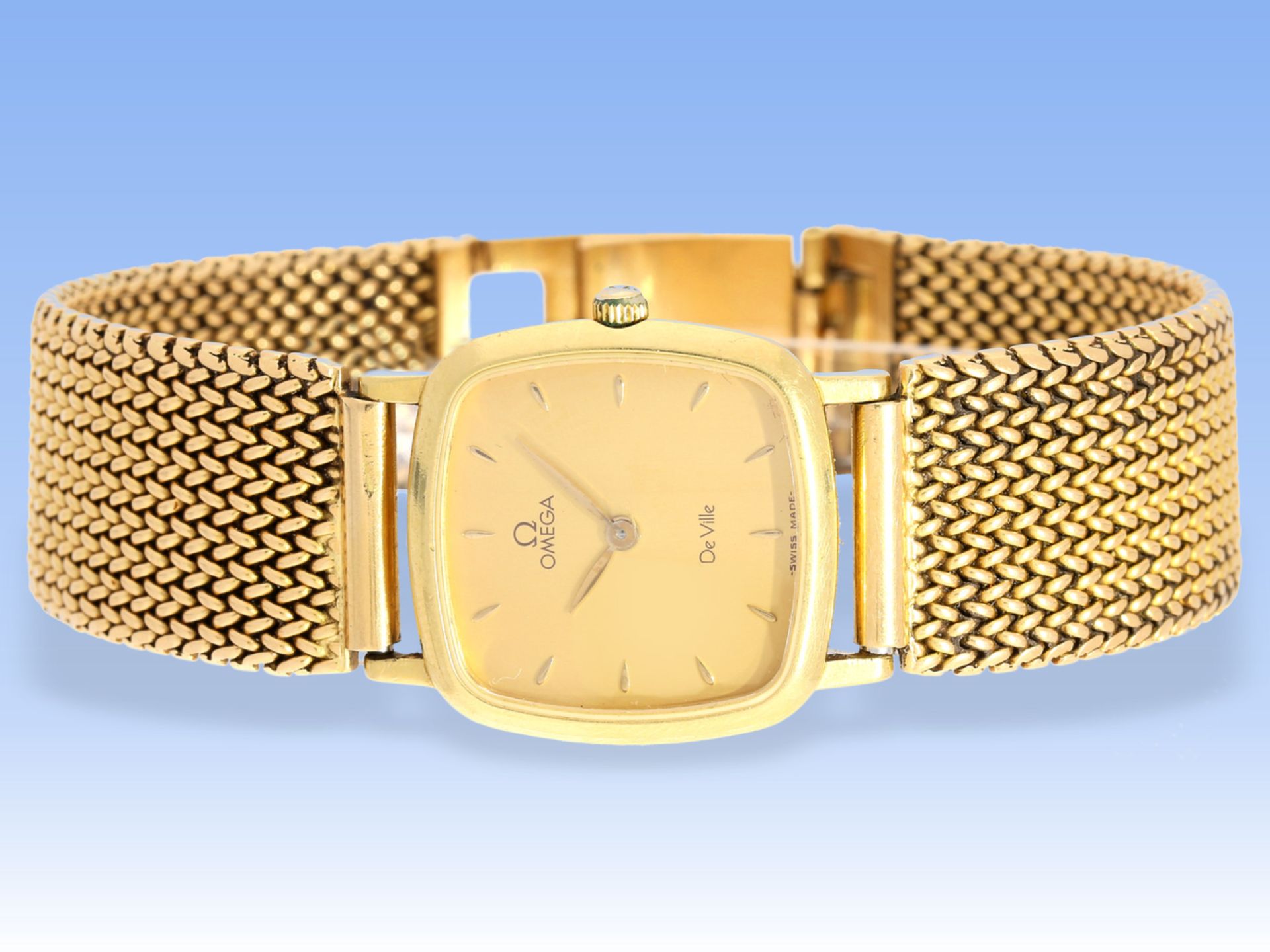 Armbanduhr: hochwertige vintage Damenuhr Omega De Ville in 18K GelbgoldCa. 19cm lang,