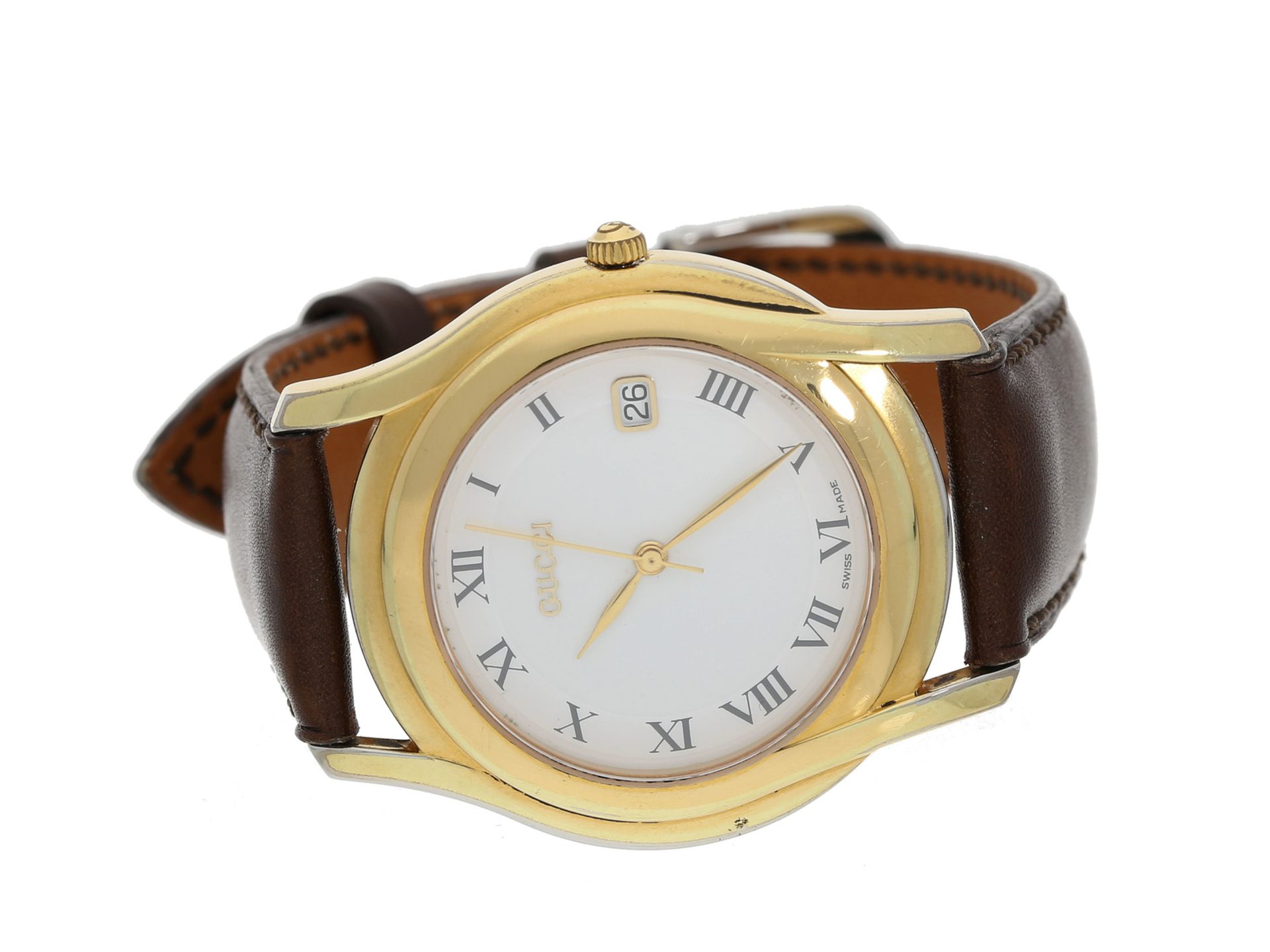 Armbanduhr: große Gucci Designeruhr, 90er-Jahre Ca. Ø35mm, vergoldet, Quarzwerk, weißes