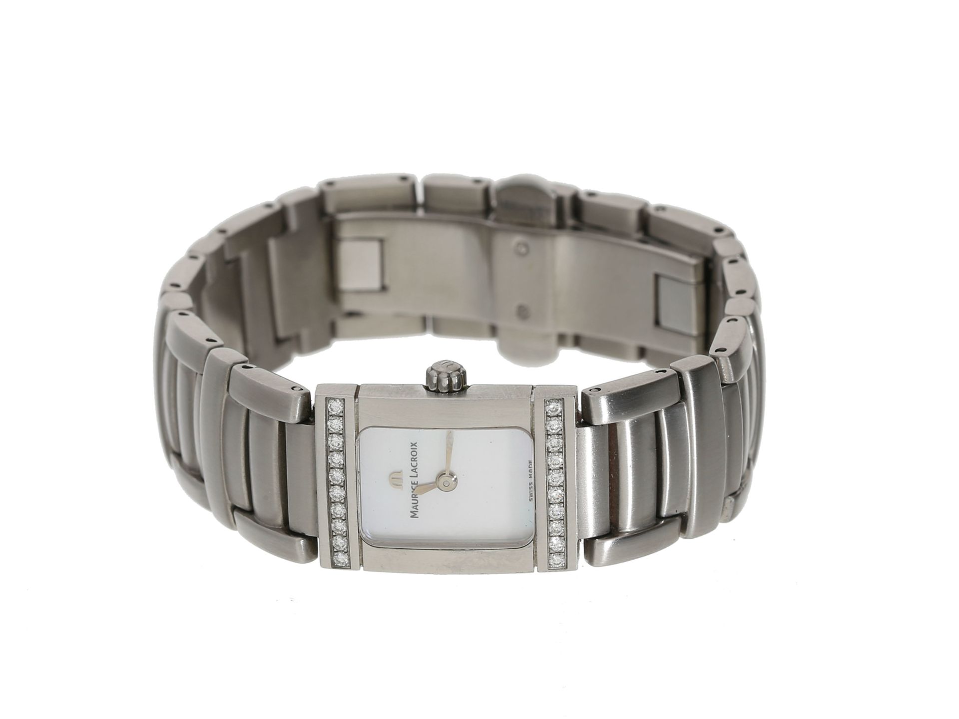Armbanduhr: edle, moderne Damenuhr von Maurice Lacroix mit Perlmuttzifferblatt und Brillantbesat