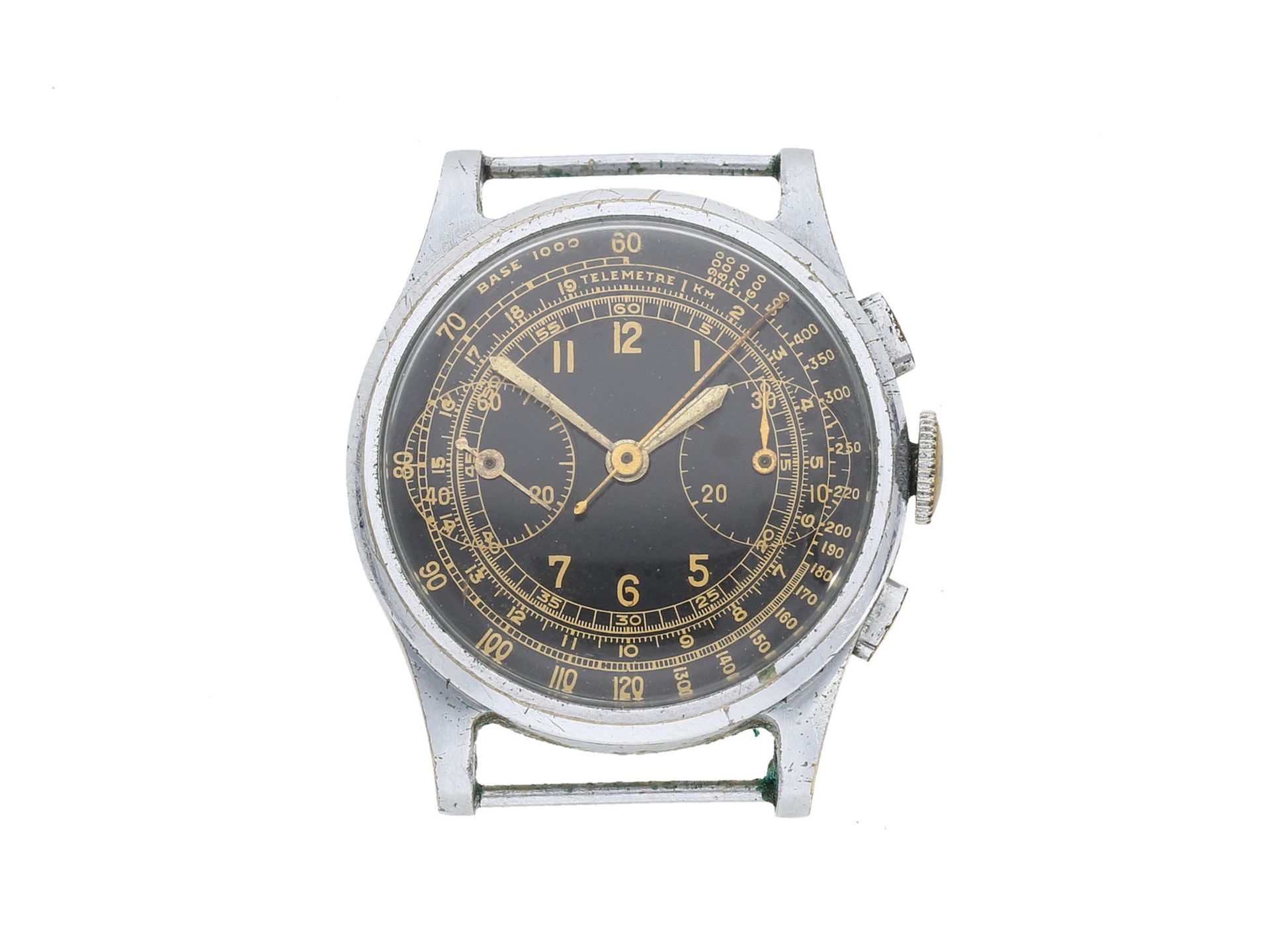 Armbanduhr: attraktiver Stahl-Chronograph mit schwarzem Zifferblatt und goldener Telemeter- und