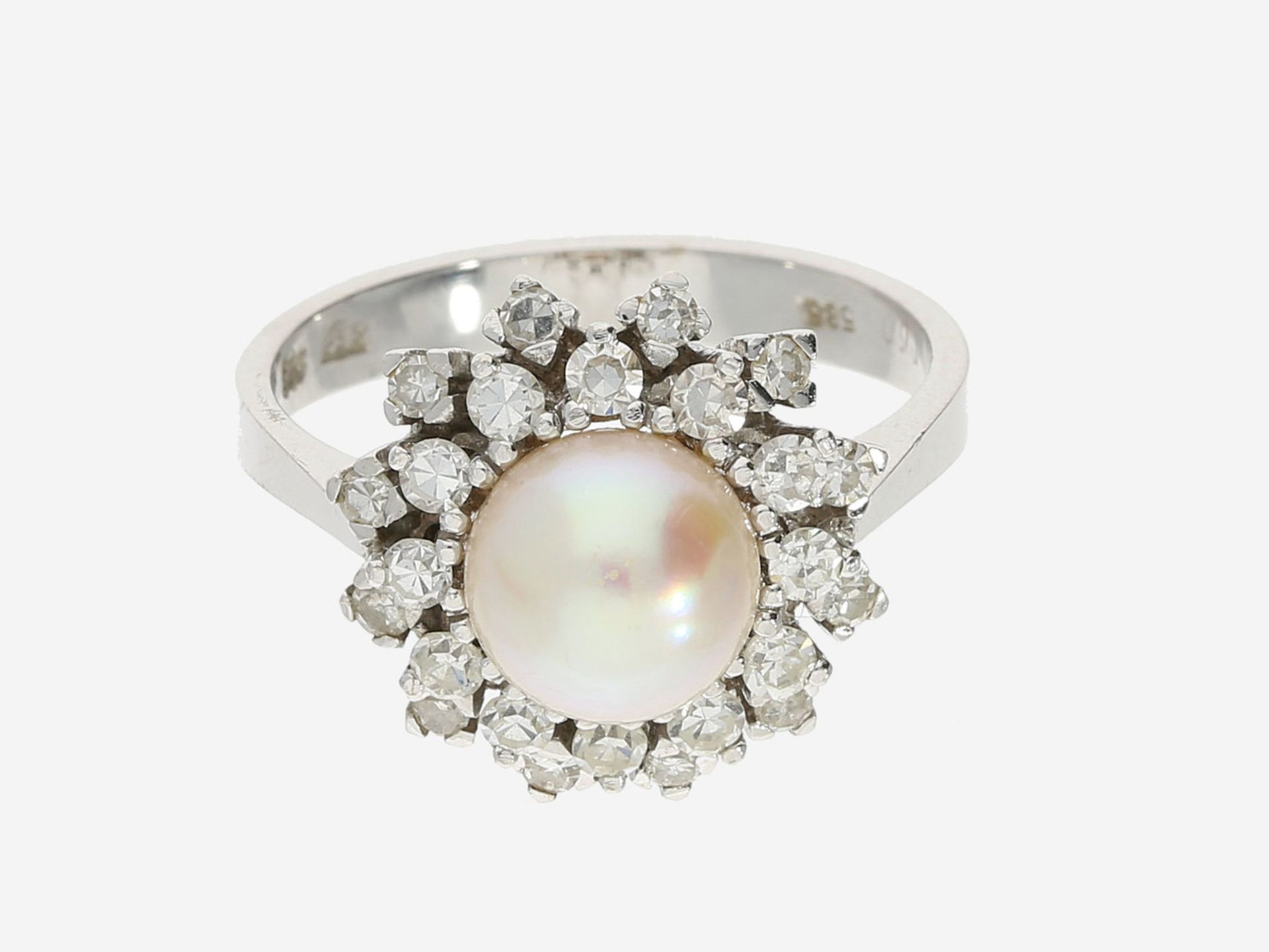 Ring: klassischer Diamantring mit Akoya-Zuchtperle, 14K WeißgoldCa. Ø17mm, RG54, Rin