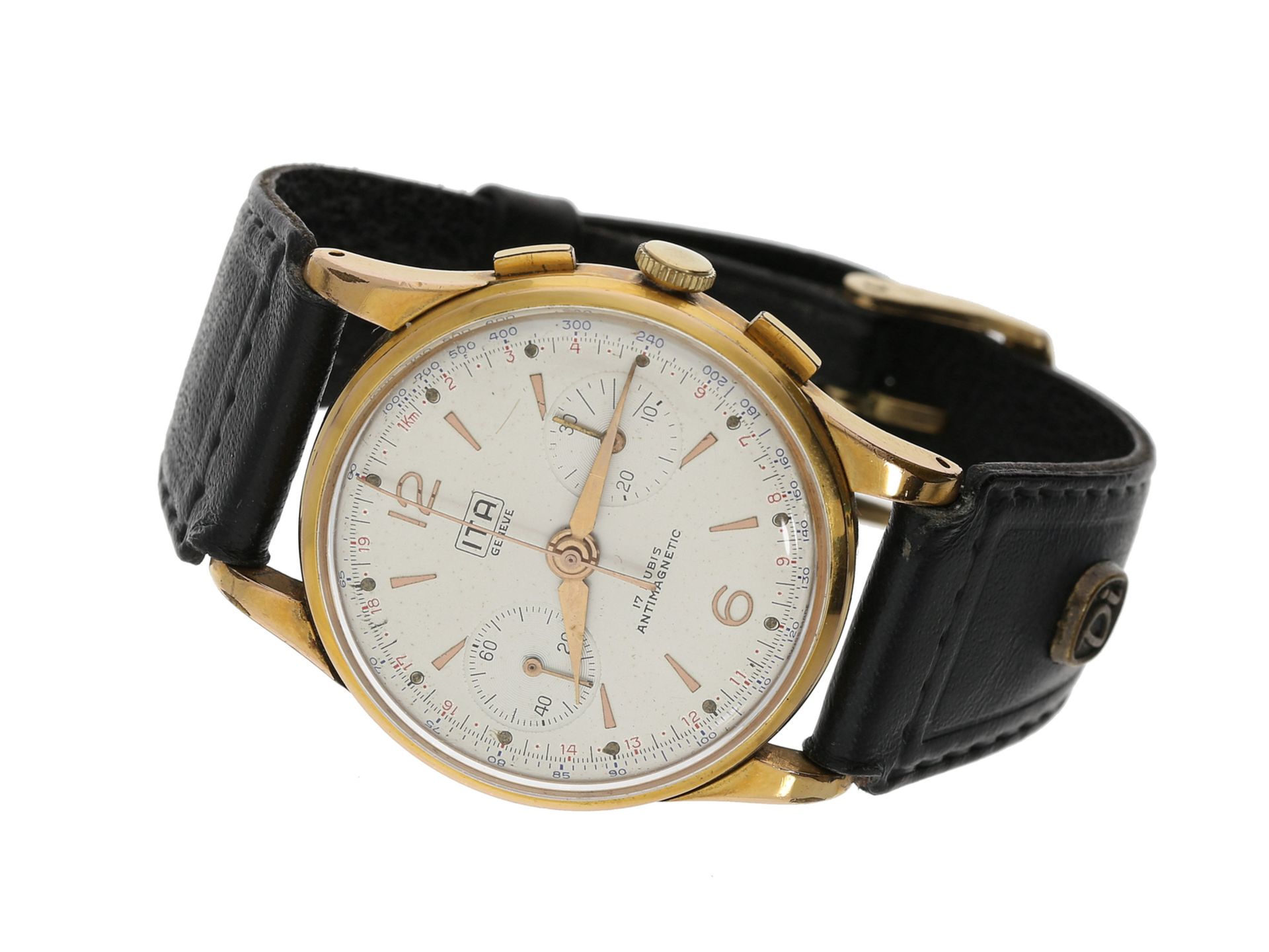 Armbanduhr: attraktiver Chronograph, ITA Geneve, ca. 1950Ca. Ø35,5mm, Goldmantel, Sta