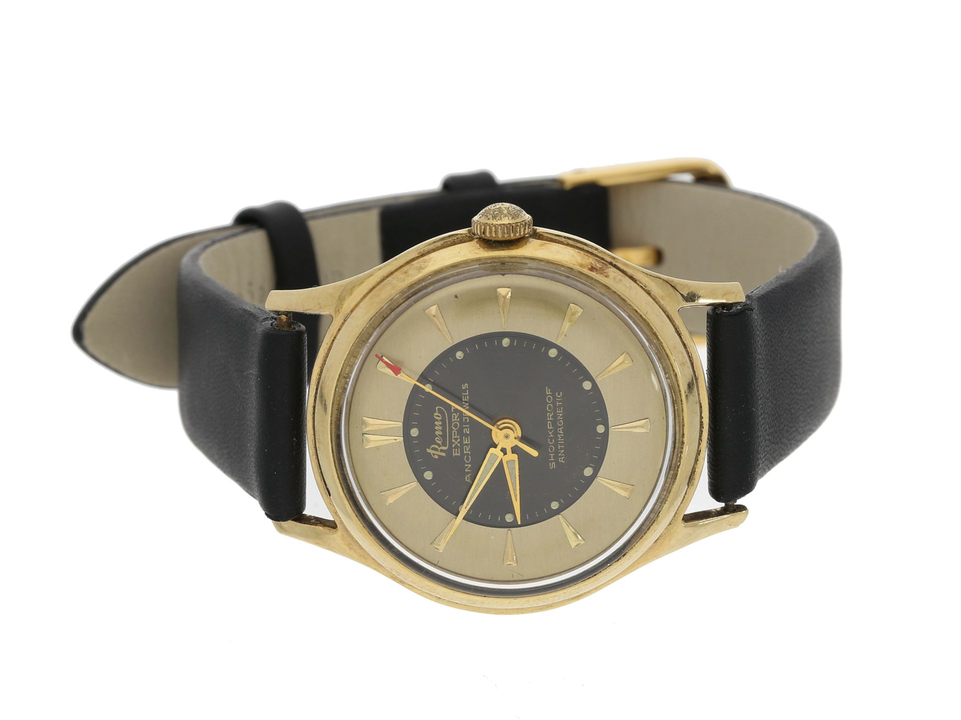 Armbanduhr: sehr attraktive goldene vintage Herrenuhr mit Zentralsekunde, Remo Export, ca.1950</