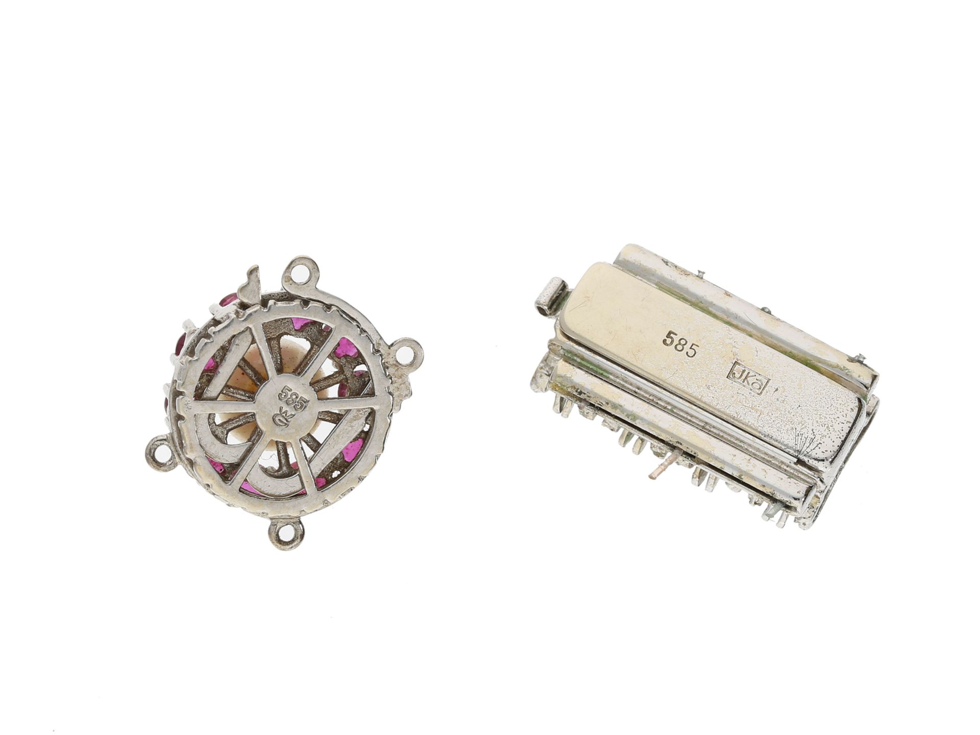 Kette/Collier: 2 vintage Perlkettenverschlüsse mit Saphiren, Rubinen und Zuchtperle, insgesamt - Bild 2 aus 2