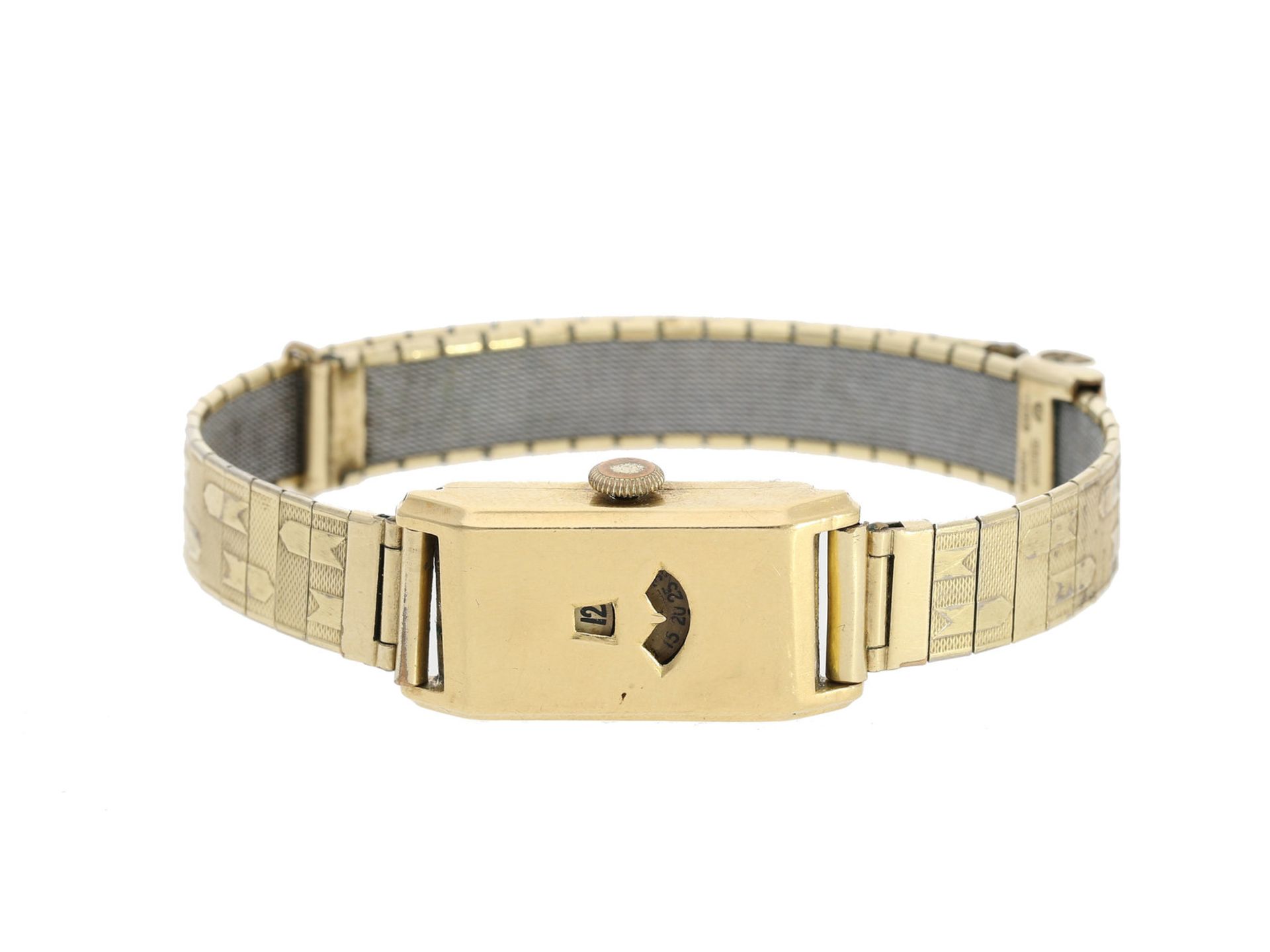 Armbanduhr: seltene, frühe digitale goldene Armbanduhr mit springender Stunde, 30er-Jahre<b