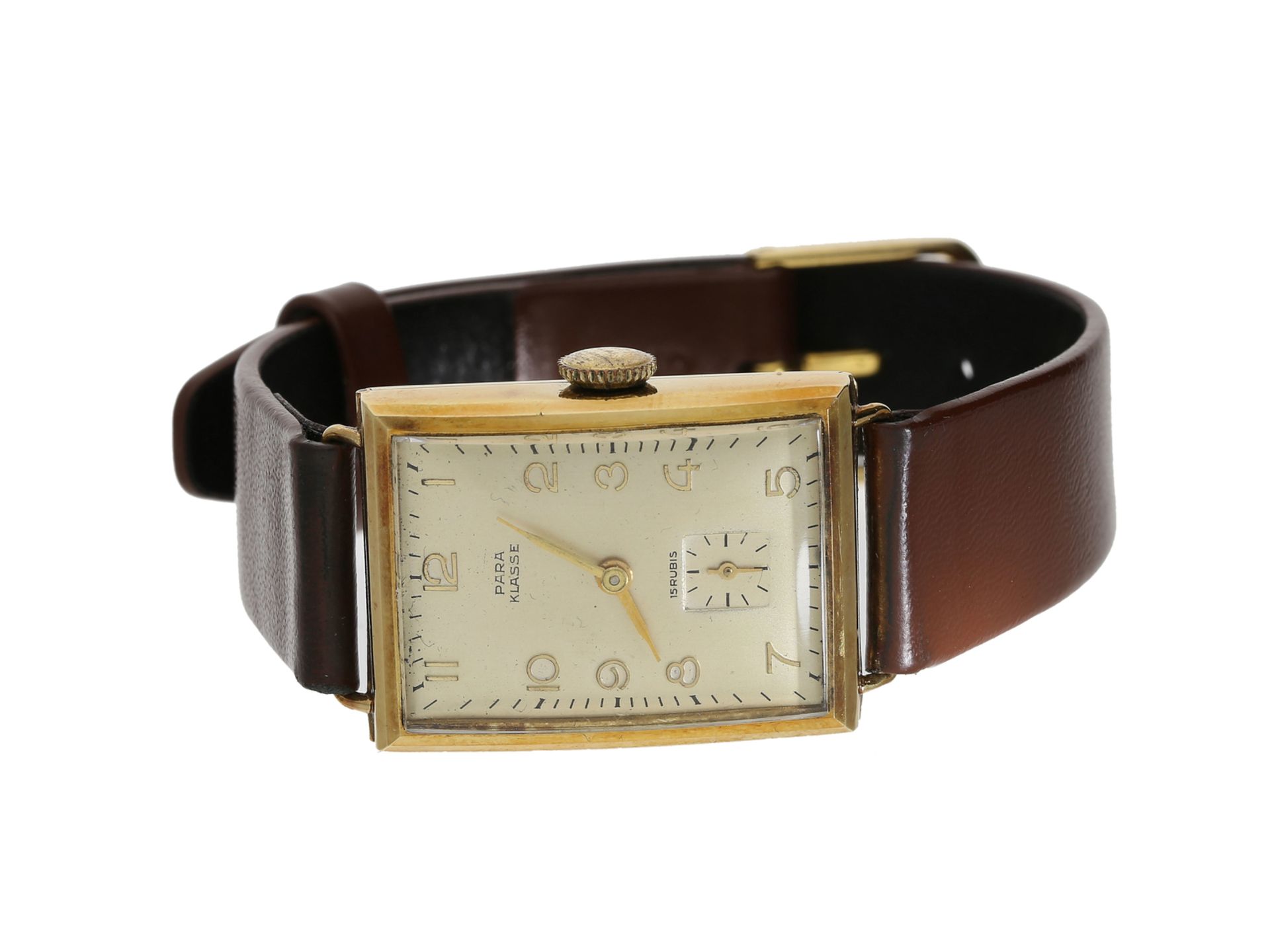 Armbanduhr: goldene Herrenuhr, um 1950, Marke Para KlasseCa. 22 × 30mm, 14K Gold, Sch