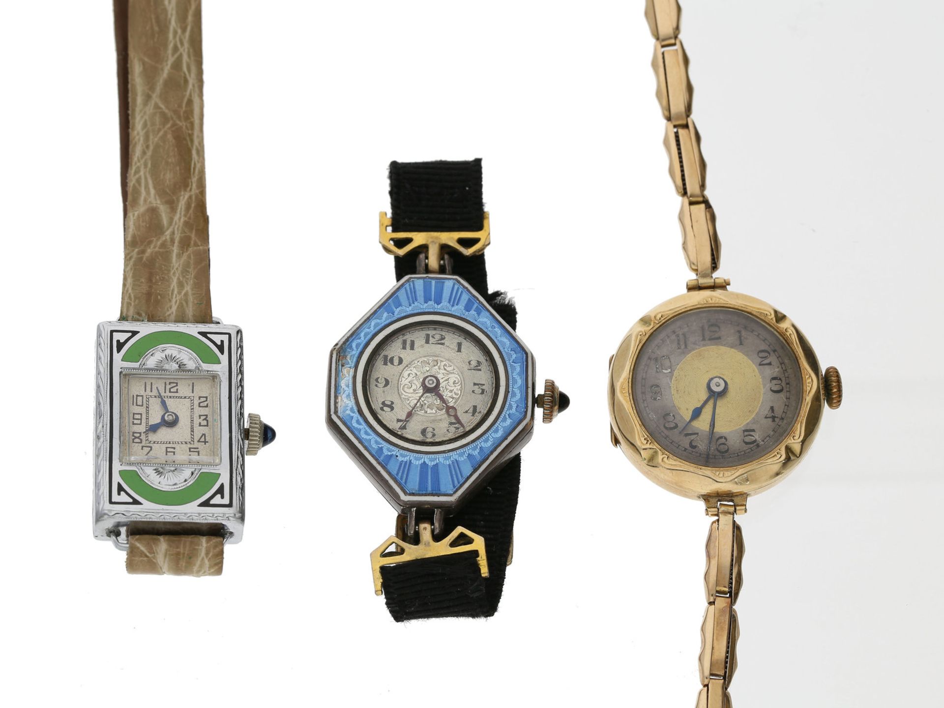 Armbanduhr: interessantes Konvolut von 3 antiken Armbanduhren, ca. 1910-19301. goldene
