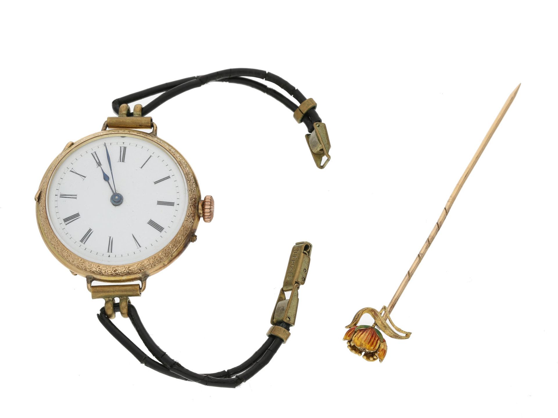 Brosche/Nadel/Armbanduhr: emaillierte Jugendstil-Krawattennadel, 18K Gold und antike goldene Arm