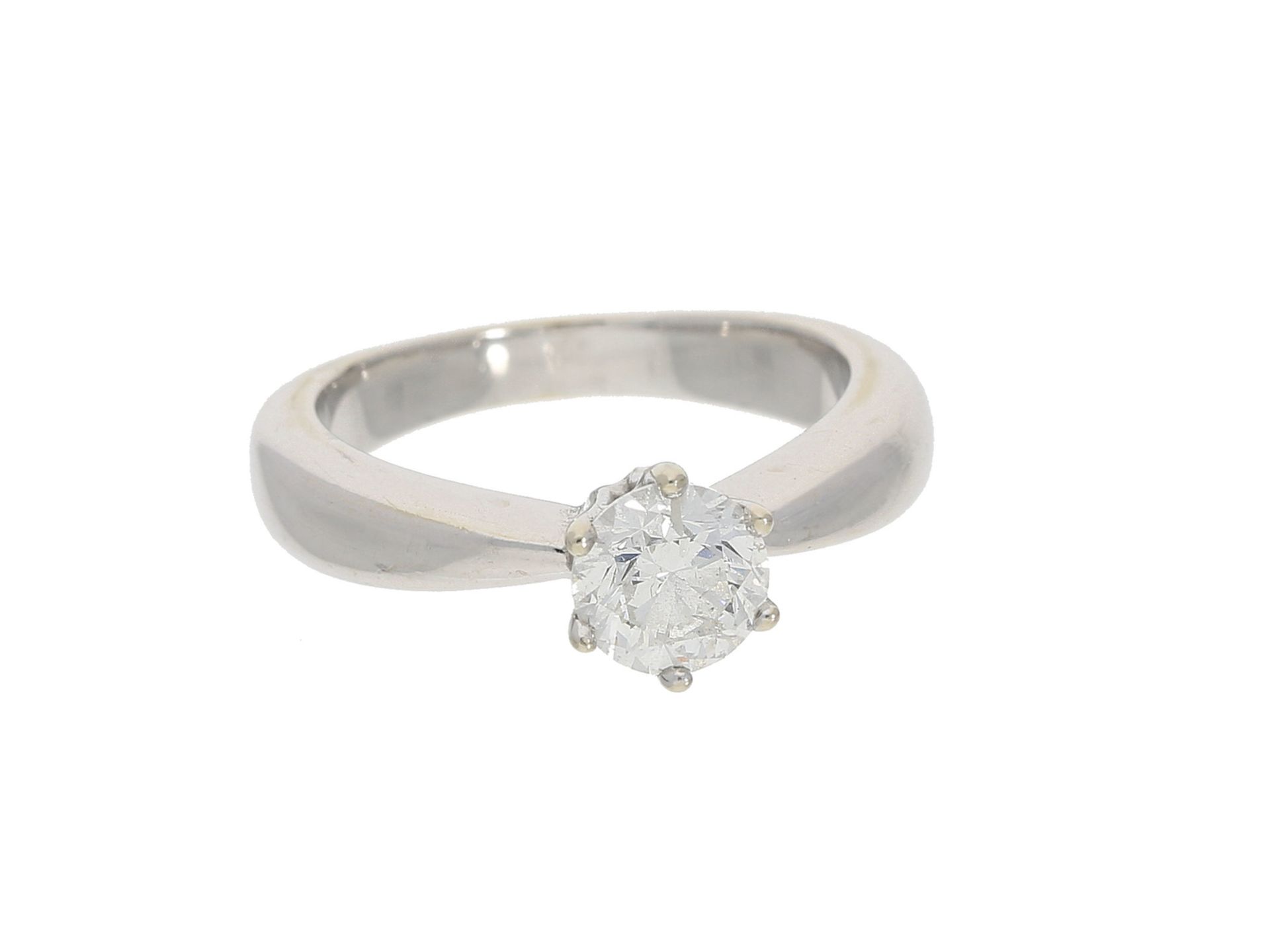 Ring: Solitär/Brillantring, ca. 0,88ct, HandarbeitCa. Ø17mm, RG53, ca. 6g, 14K Weiß