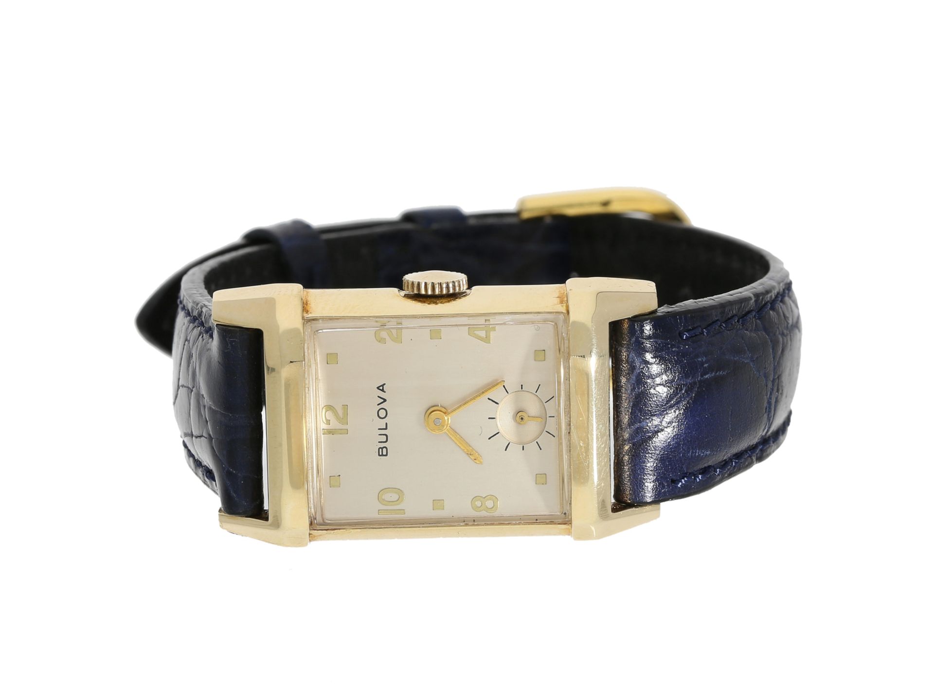Armbanduhr: attraktive vintage Herrenuhr von Bulova, ca.1950Ca. 22 × 37mm, 14K Gold,