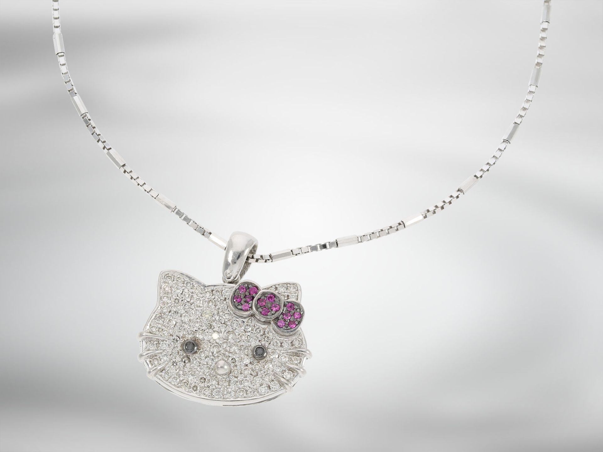 Kette/Anhänger: hochwertiger Goldschmiedeanhänger 'Kitty', Brillanten, Diamanten und pinke Saphire, - Image 3 of 4