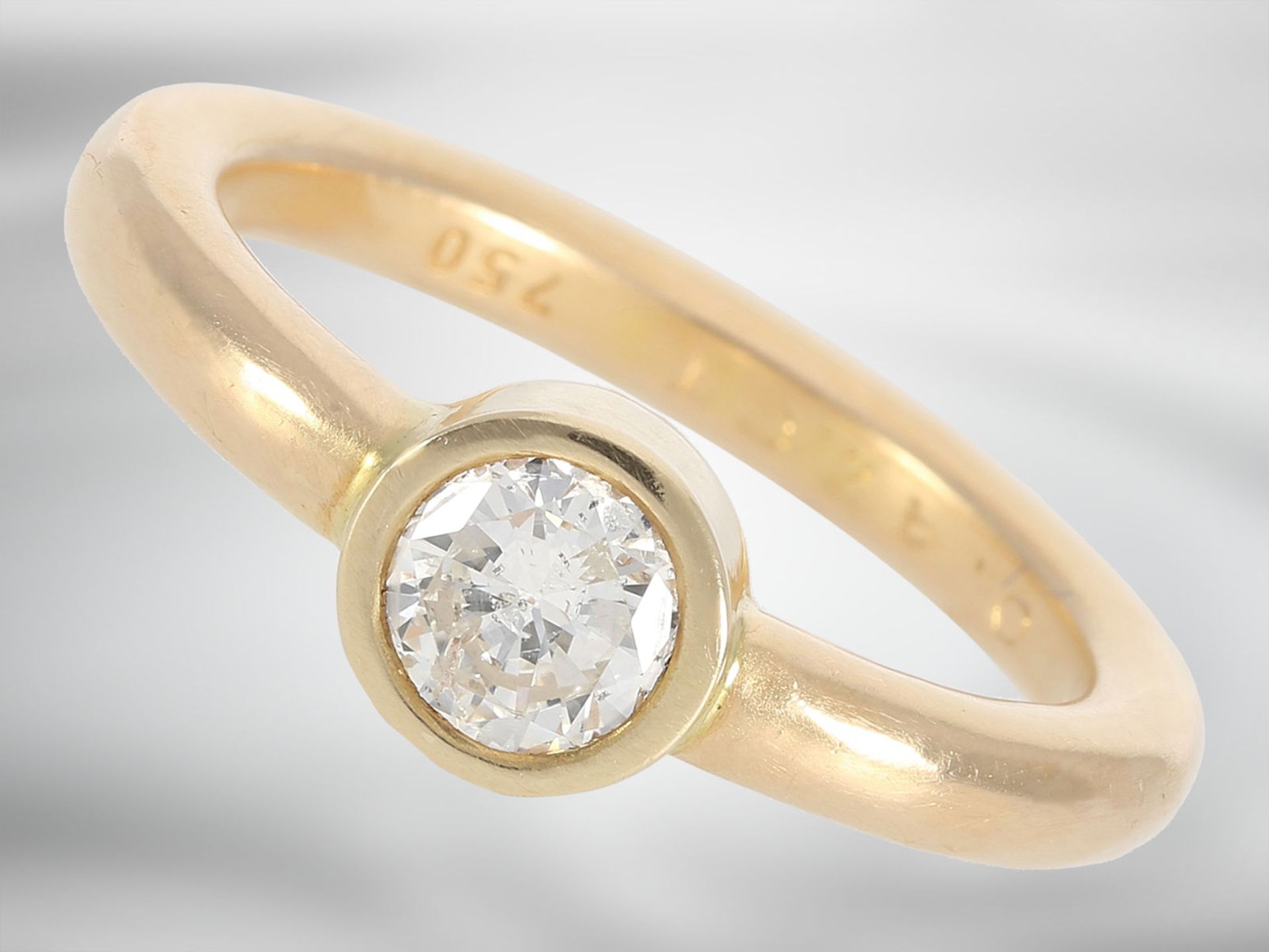 Ring: eleganter handgefertigter Solitär/Brillantring ca. 0,47ct, 18K Gelbgold, Goldschmiedehandarbei