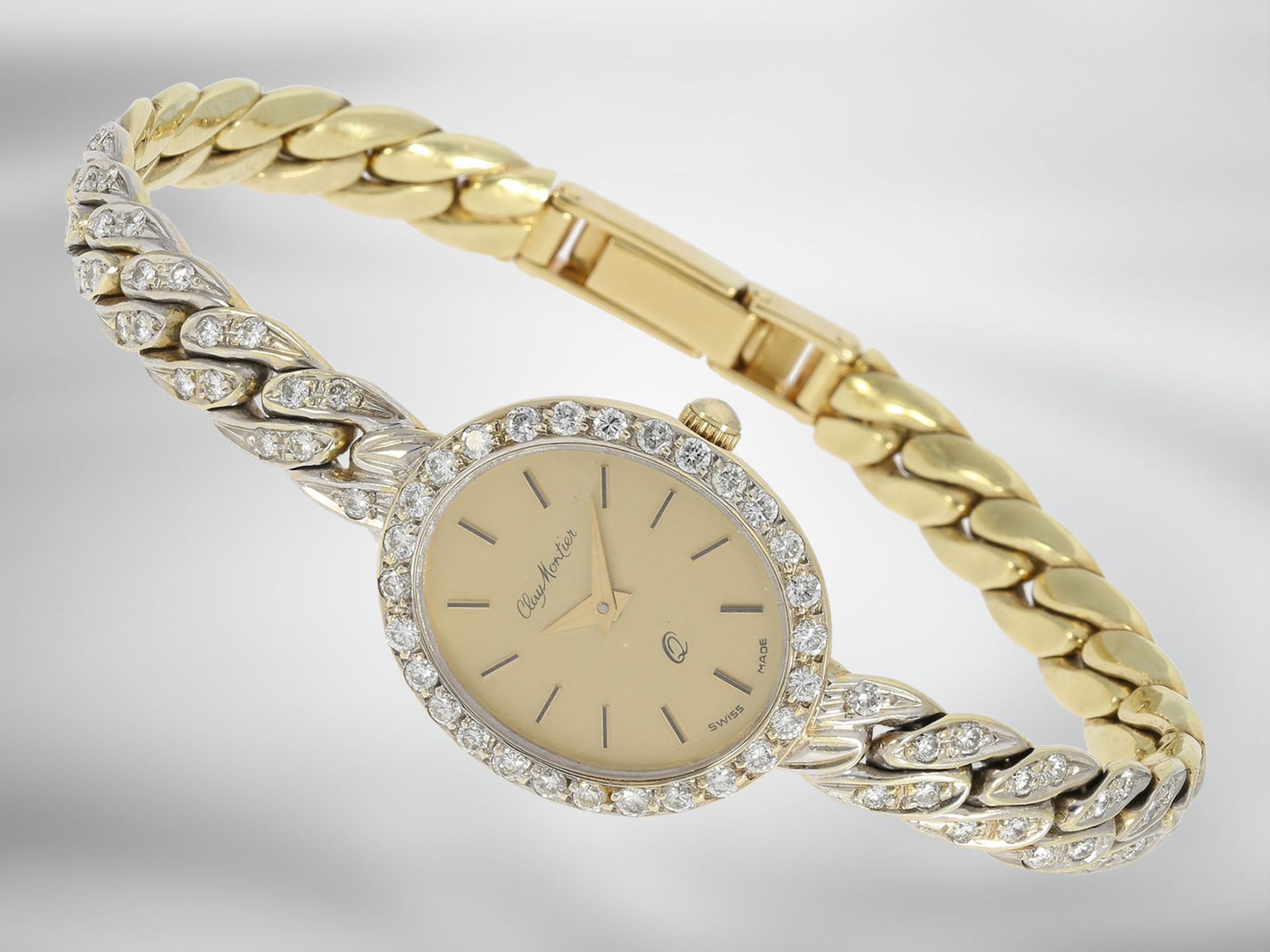 Armbanduhr: goldene vintage Damenuhr der Marke Clay Montier mit Brillantbesatz, 1,31ct - Bild 2 aus 3