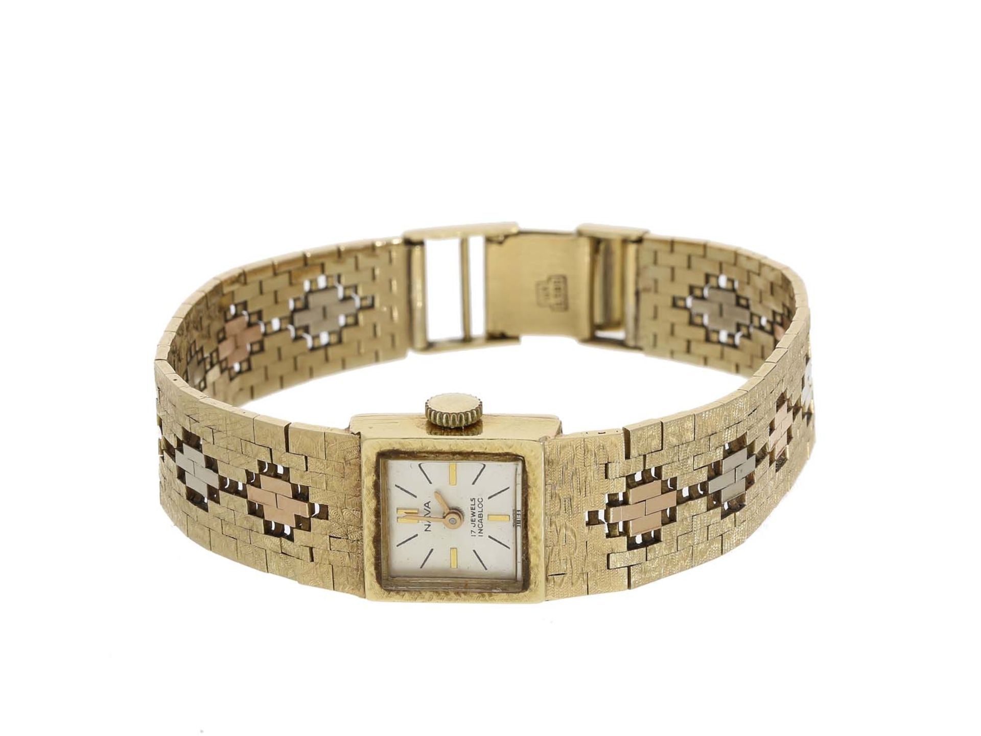 Armbanduhr: ausgefallene, goldene vintage Damenuhr der Marke 'Nava', 14K Gold, Tricolor