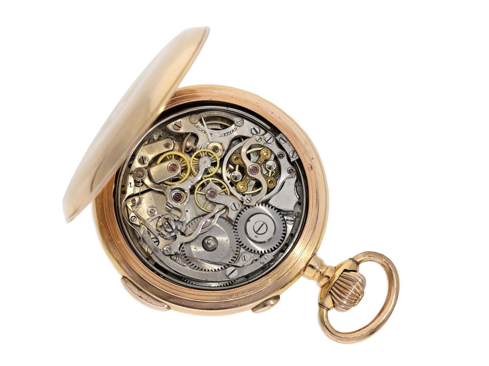 Taschenuhr: große rotgoldene Savonnette mit Repetition und Chronograph, Le Phare No.1911, ca.1900 - Bild 2 aus 3