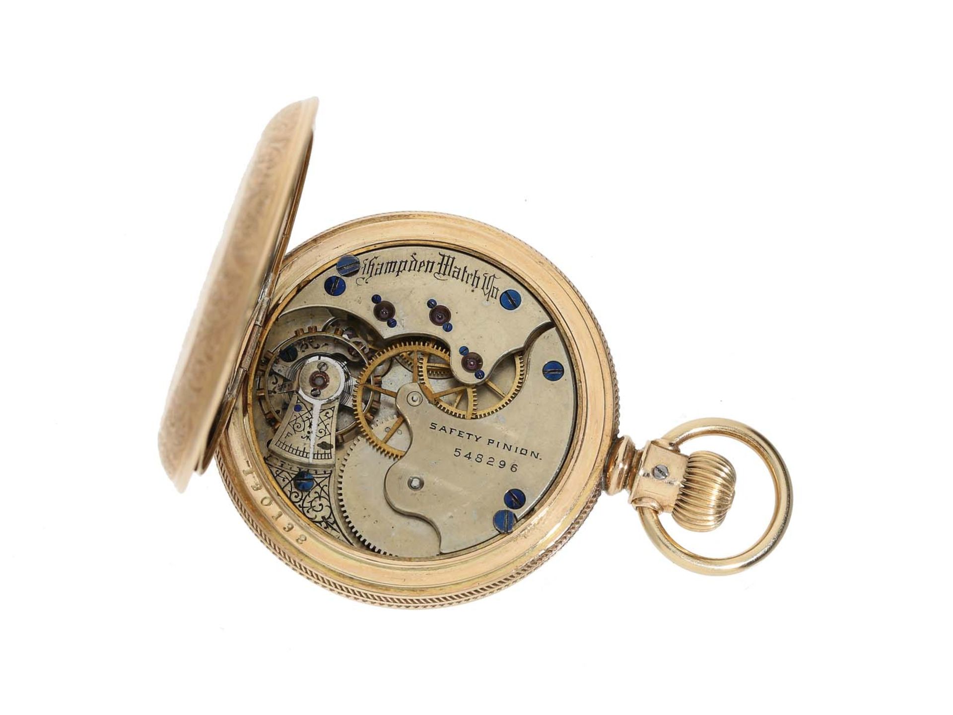 Taschenuhr: prächtig gravierte rotgoldene Savonnette, Hampden Watch Co. No.548296, ca. 1890 - Bild 3 aus 3