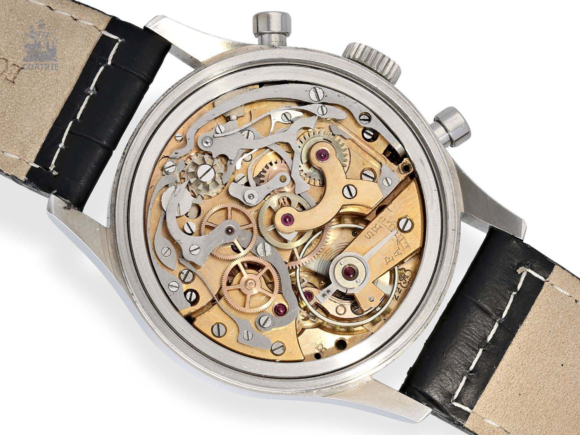 Armbanduhr: übergroßer Edelstahl-Chronograph, signiert Leonidas, 50er-Jahre, Kaliber Valjoux 22 - Image 2 of 2