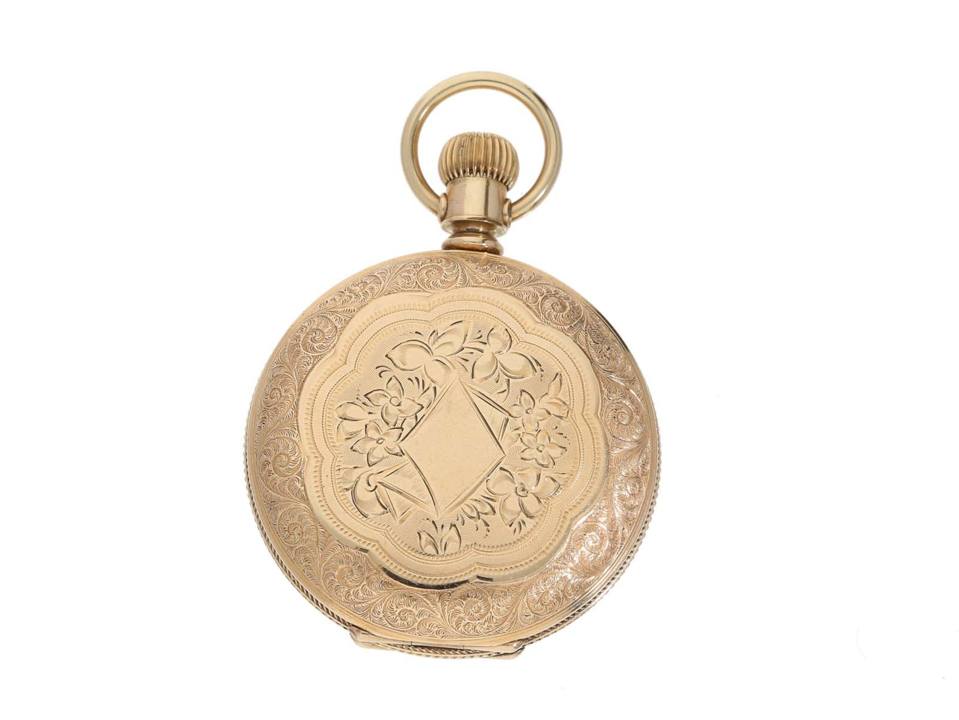 Taschenuhr: prächtig gravierte rotgoldene Savonnette, Hampden Watch Co. No.548296, ca. 1890 - Bild 2 aus 3