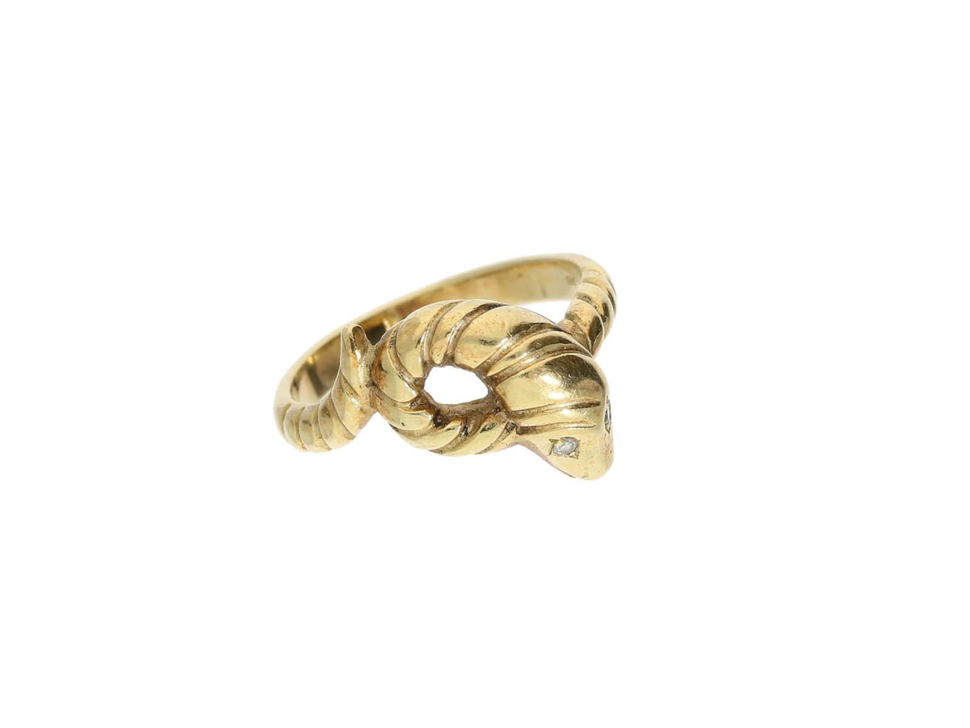 Ring: antiker goldener, figürlicher Schlangenring mit Brillantbesatz, 14K Gold