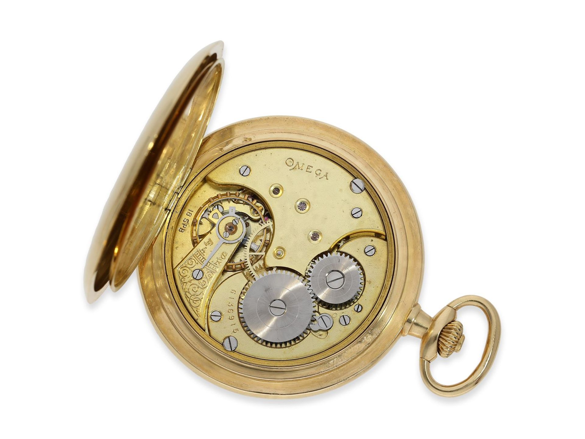 Taschenuhr: Omega Goldsavonnette mit seltenem Emaillezifferblatt, ca. 1923, Ca. Ø50mm, ca. 84g, - Bild 2 aus 6