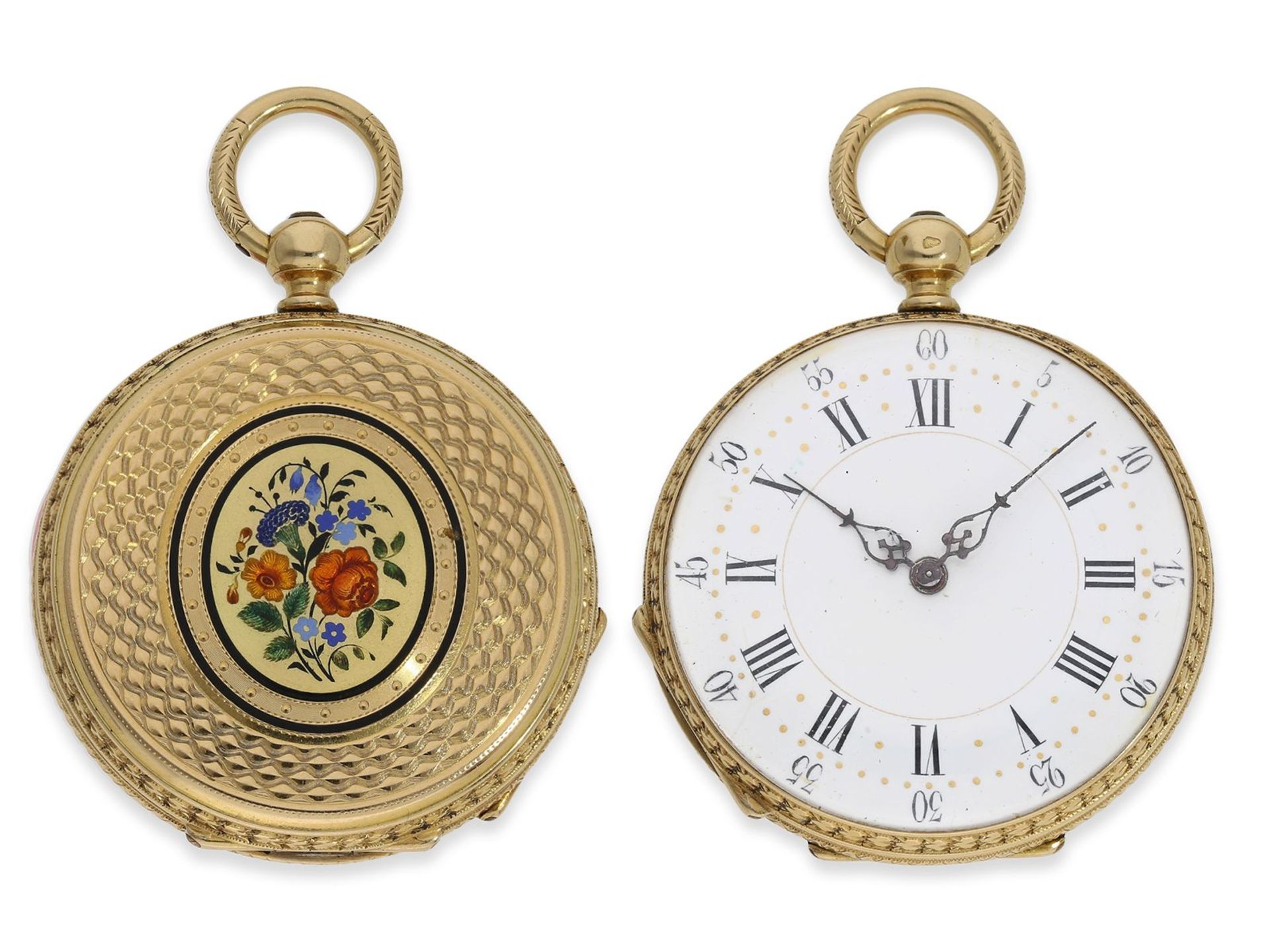 Taschenuhr/Anhängeuhr: wunderschöne "Louis XV" Gold/Emaille-Damenuhr mit feiner Lupenmalerei,