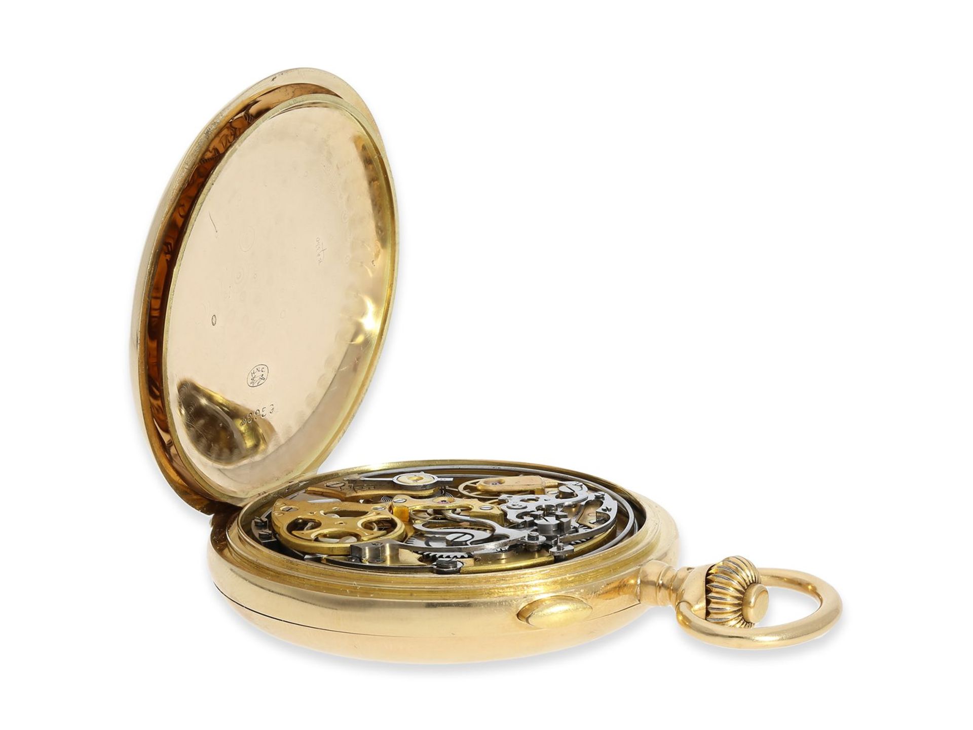 Taschenuhr: schwere rotgoldene Savonnette mit Repetition und Chronograph, 18K Gold, signiert - Image 3 of 6