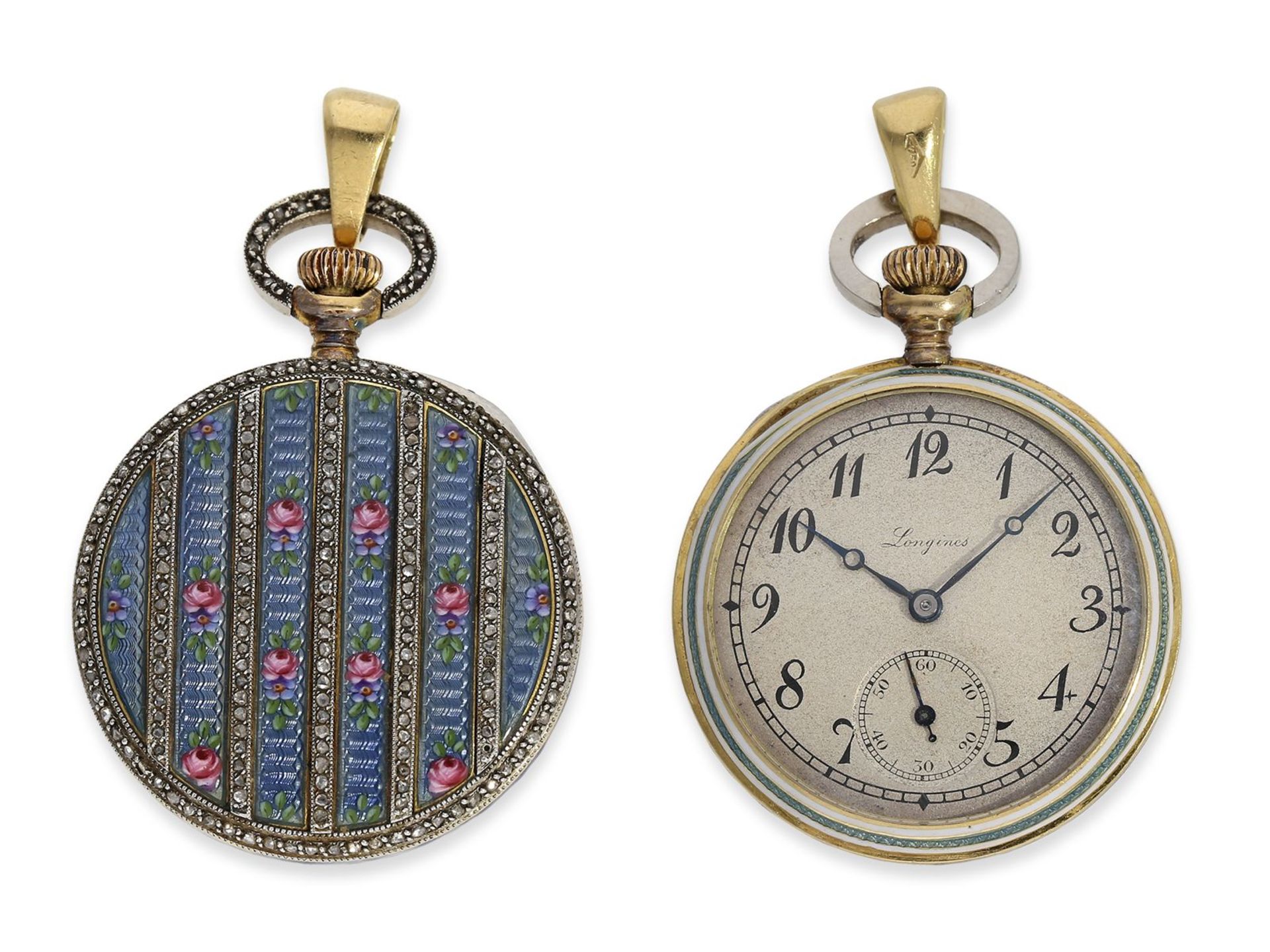 Taschenuhr/Anhängeuhr: sehr seltene Gold/Emaille-Damenuhr mit Diamantbesatz, Gold & Platin, Longines