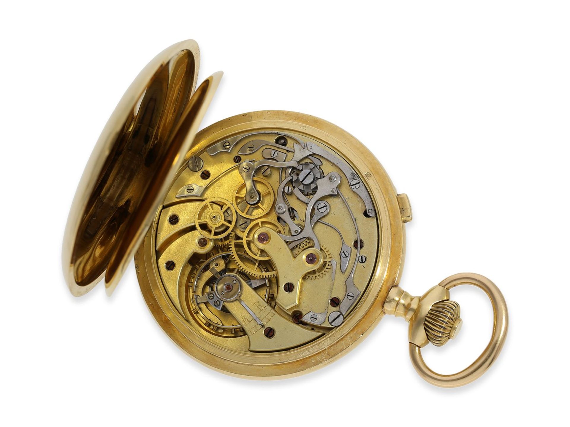 Taschenuhr: feine Goldsavonnette mit Chronograph, Frankreich ca. 1910, Ca. Ø51mm, ca. 99g, 18K Gold, - Image 2 of 8