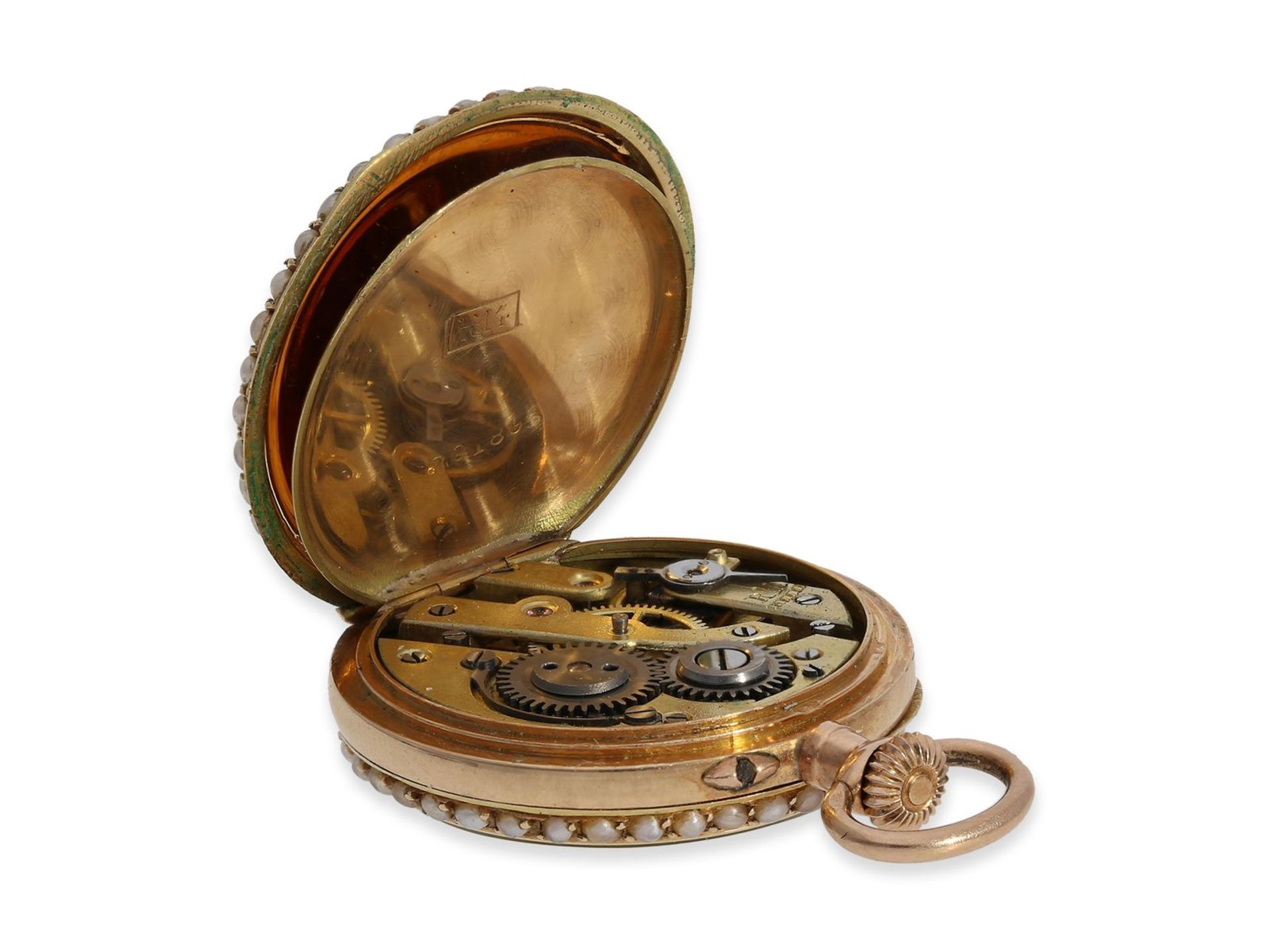 Anhängeuhr/Taschenuhr: hochfeine Gold/Emaille-Damenuhr mit Perlenbesatz und Diamantbesatz, ca. 1900, - Image 4 of 5