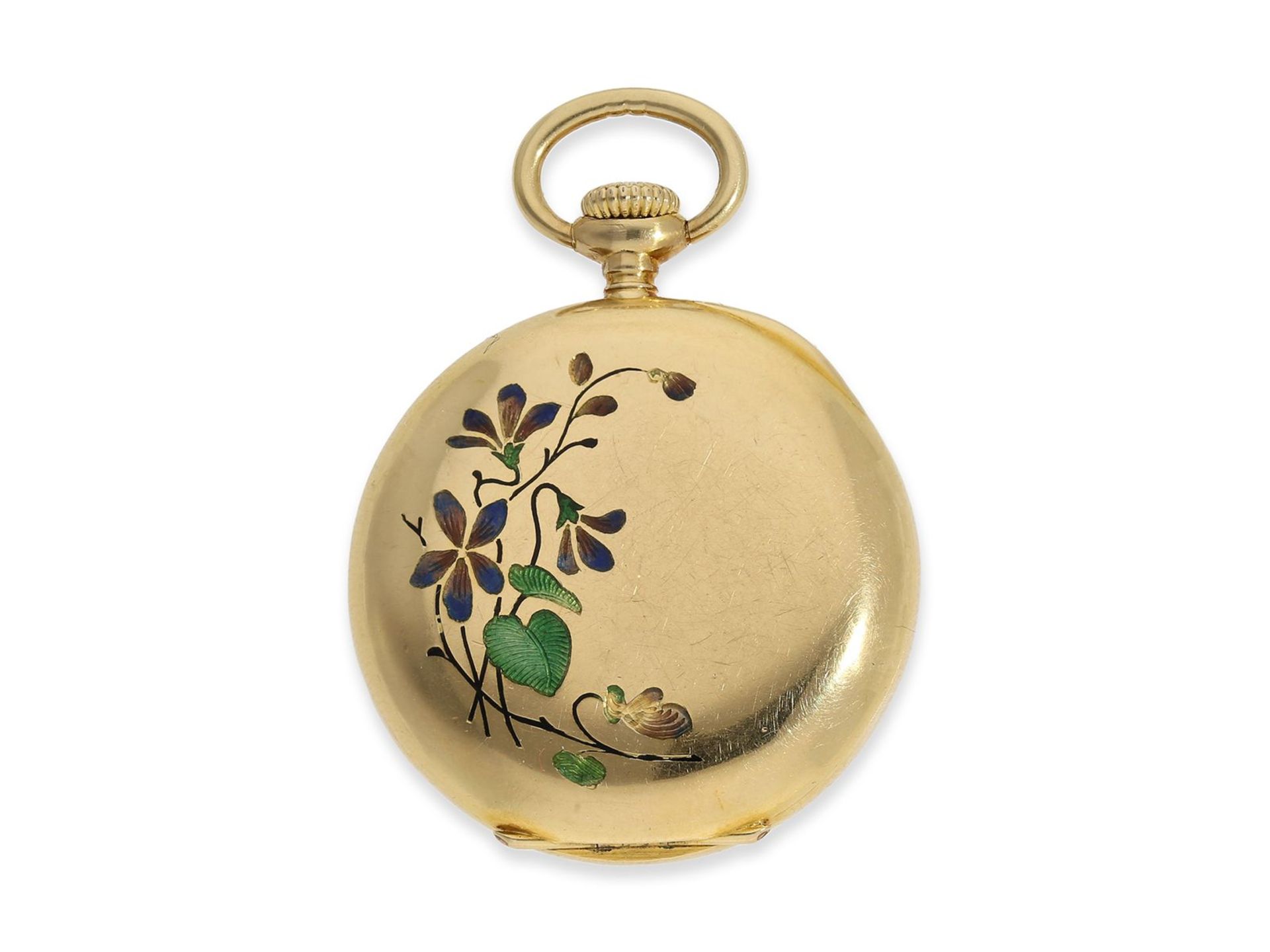 Taschenuhr: exquisite Genfer Gold/Emaille-Damenuhr, 2-fach gepunzt mit Genfer Siegel, ca.1905, Ca. - Bild 5 aus 5