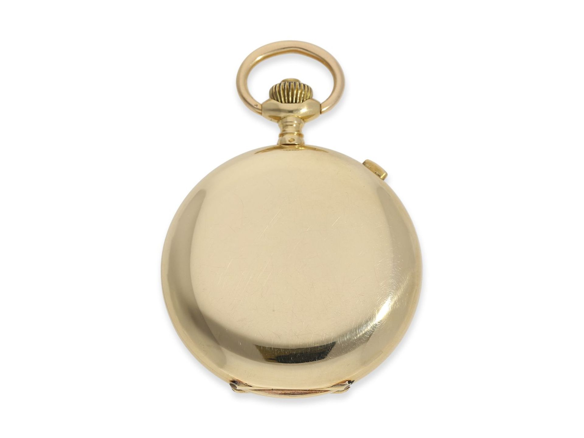 Taschenuhr: feine Goldsavonnette mit Chronograph, Frankreich ca. 1910, Ca. Ø51mm, ca. 99g, 18K Gold, - Bild 7 aus 8