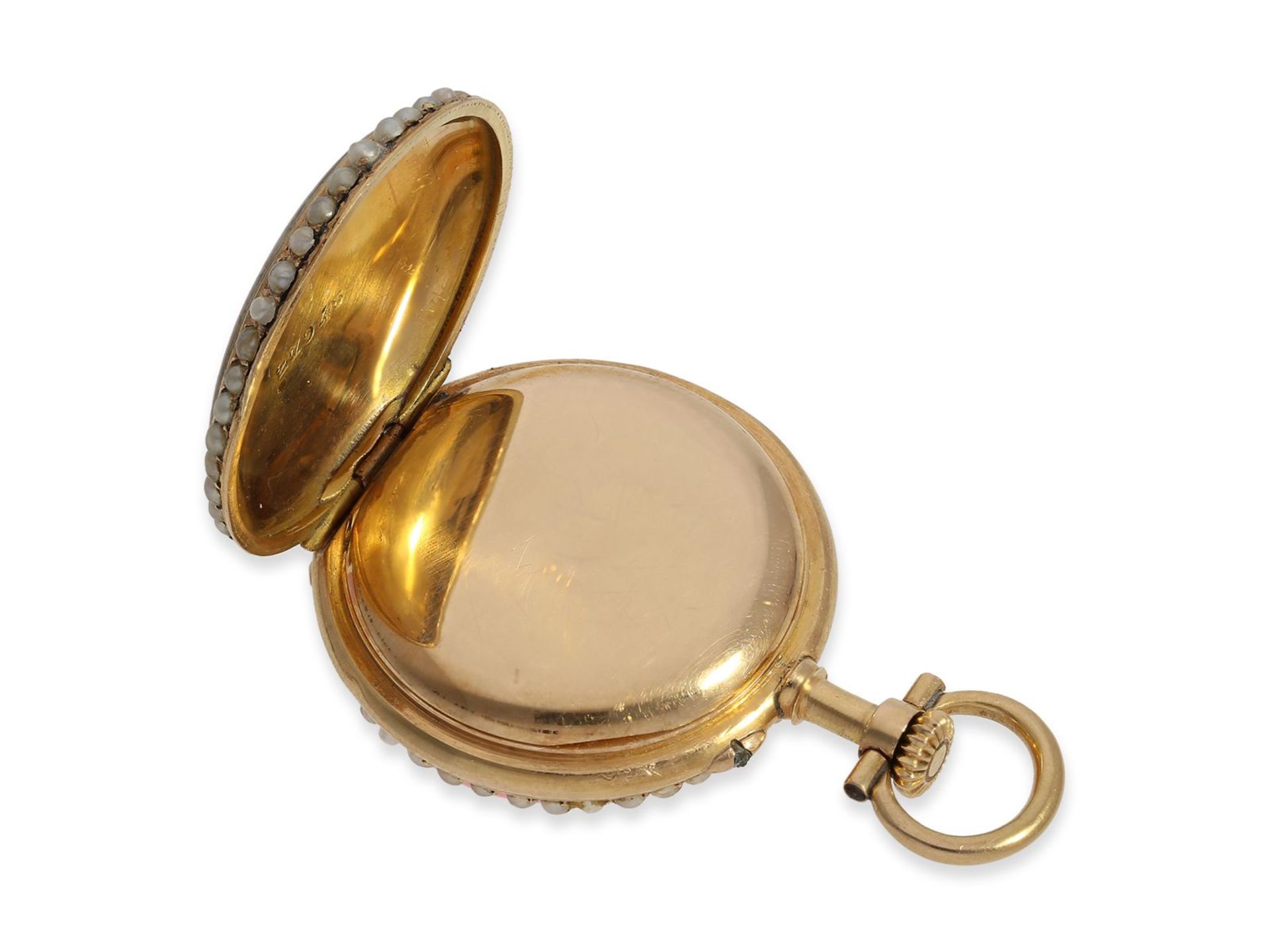 Anhängeuhr: feine Gold/Emaille-Miniatur-Damenuhr mit Perlenbesatz, vermutlich Le Coultre um 1900, - Bild 4 aus 5