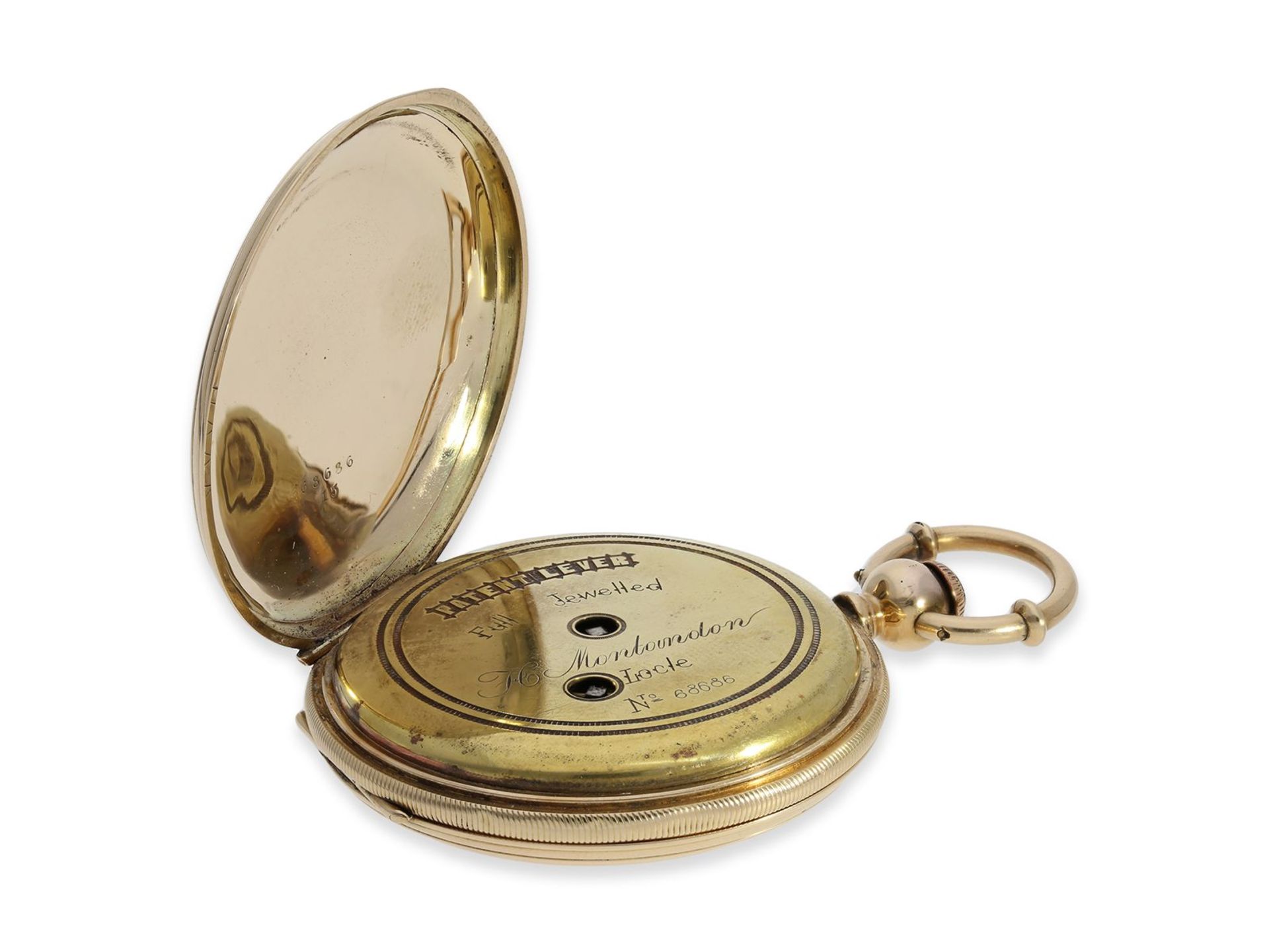 Taschenuhr: interessante Schweizer Goldsavonnette, um 1850, H. Montandon Locle, Ca. Ø48,5mm, ca. - Bild 5 aus 7