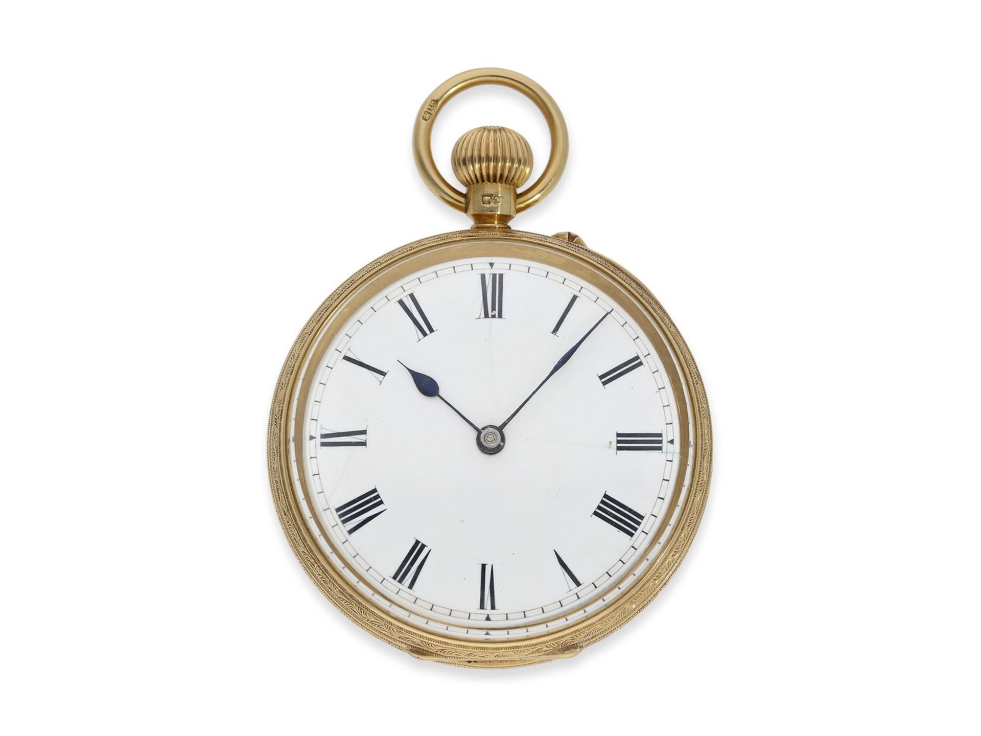 Taschenuhr: englische 18K Taschenuhr, Hallmarks 1876, Ca. Ø40mm, ca. 46g, 18K Gold, prächtig