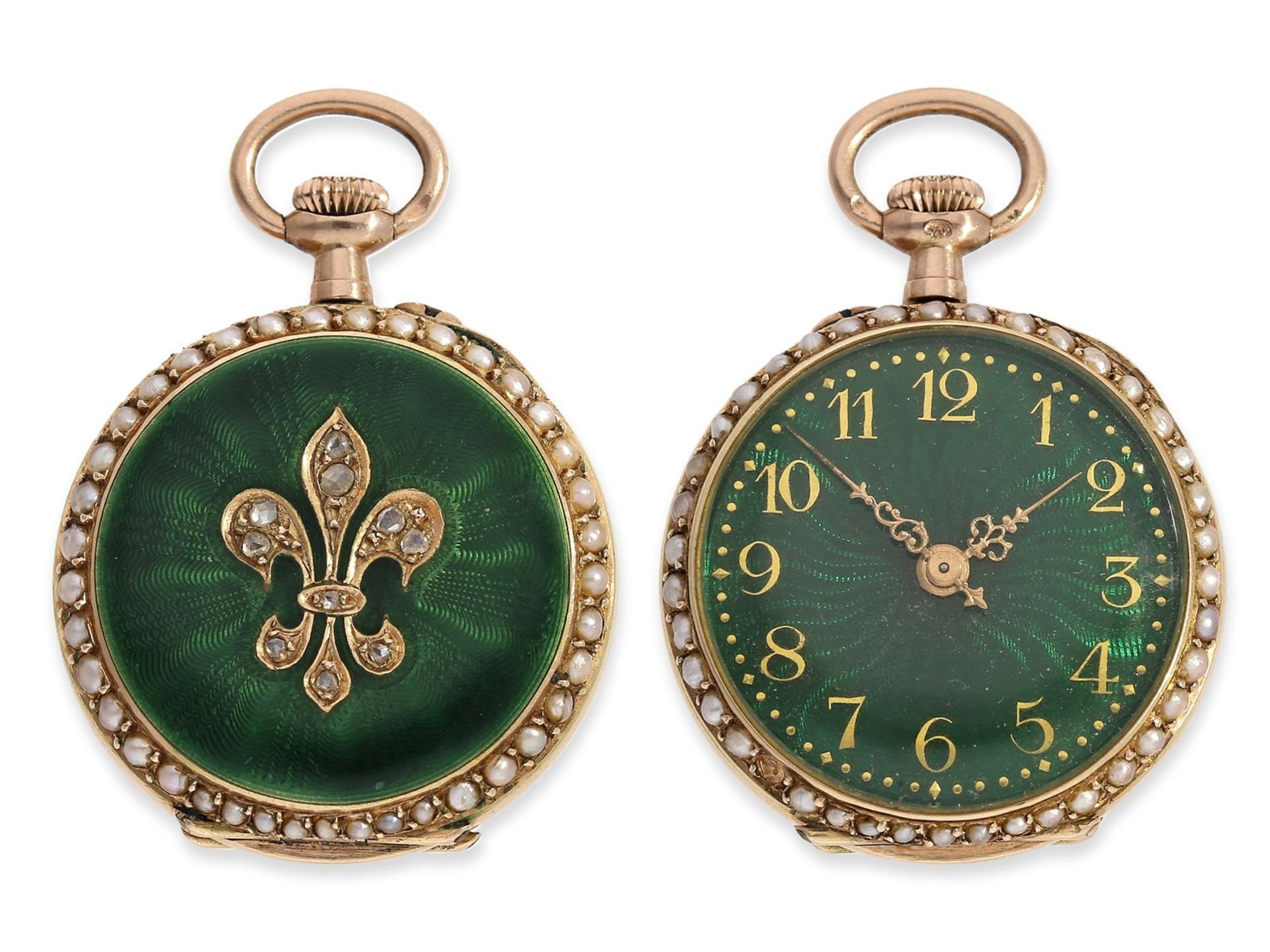 Anhängeuhr/Taschenuhr: hochfeine Gold/Emaille-Damenuhr mit Perlenbesatz und Diamantbesatz, ca. 1900,