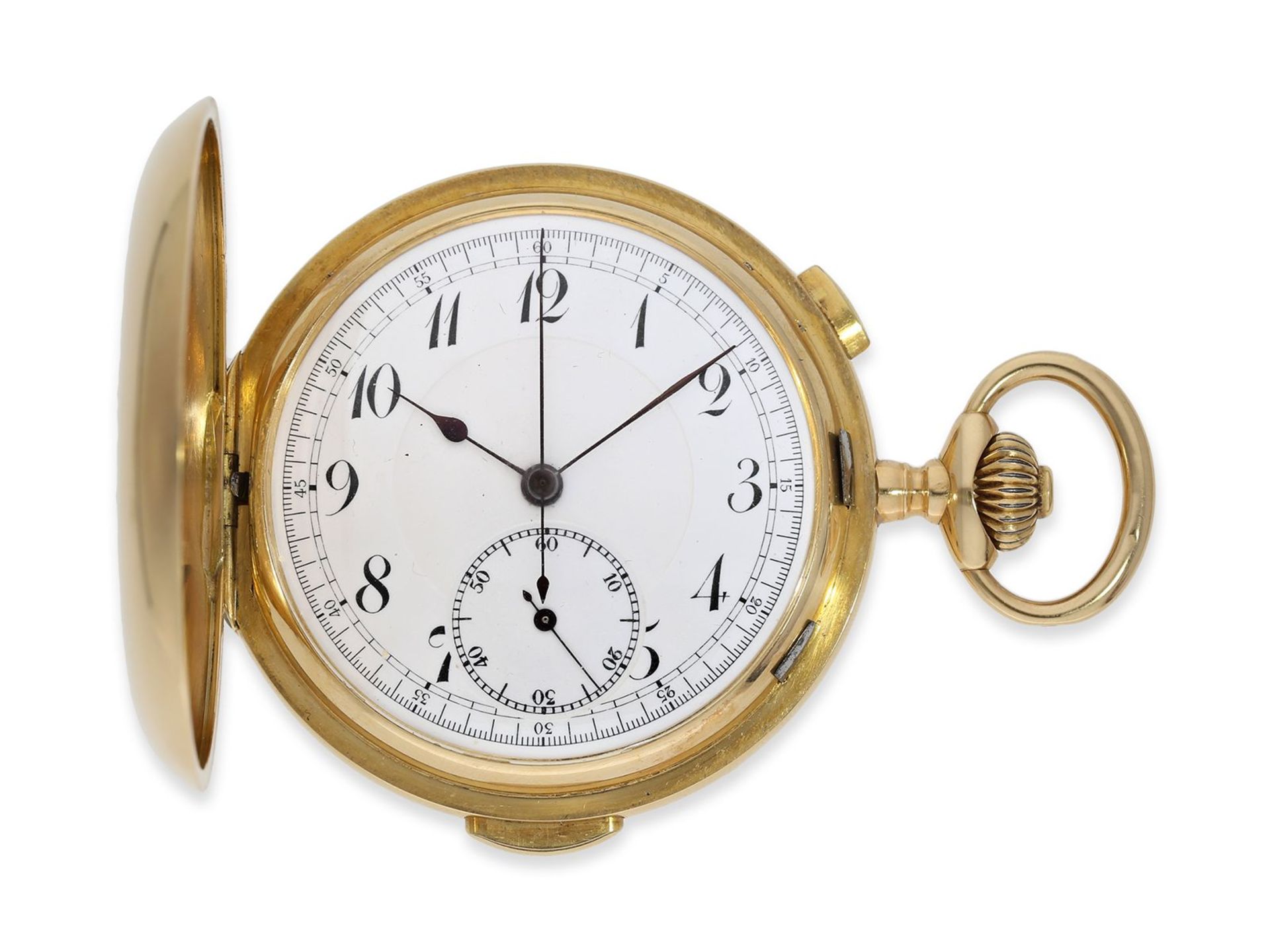 Taschenuhr: schwere rotgoldene Savonnette mit Repetition und Chronograph, 18K Gold, signiert