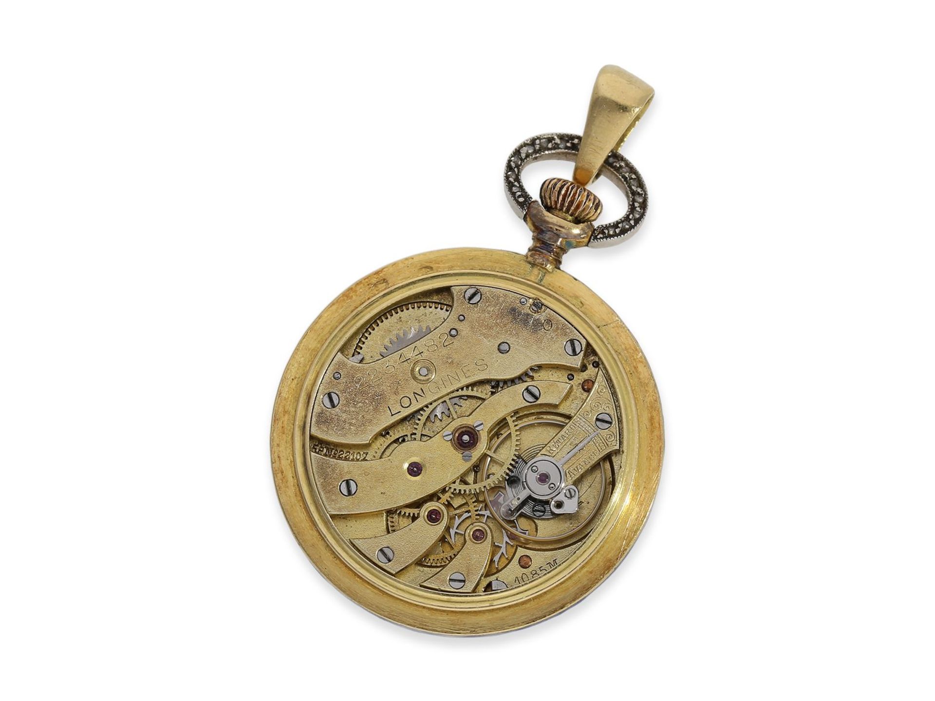 Taschenuhr/Anhängeuhr: sehr seltene Gold/Emaille-Damenuhr mit Diamantbesatz, Gold & Platin, Longines - Image 3 of 4