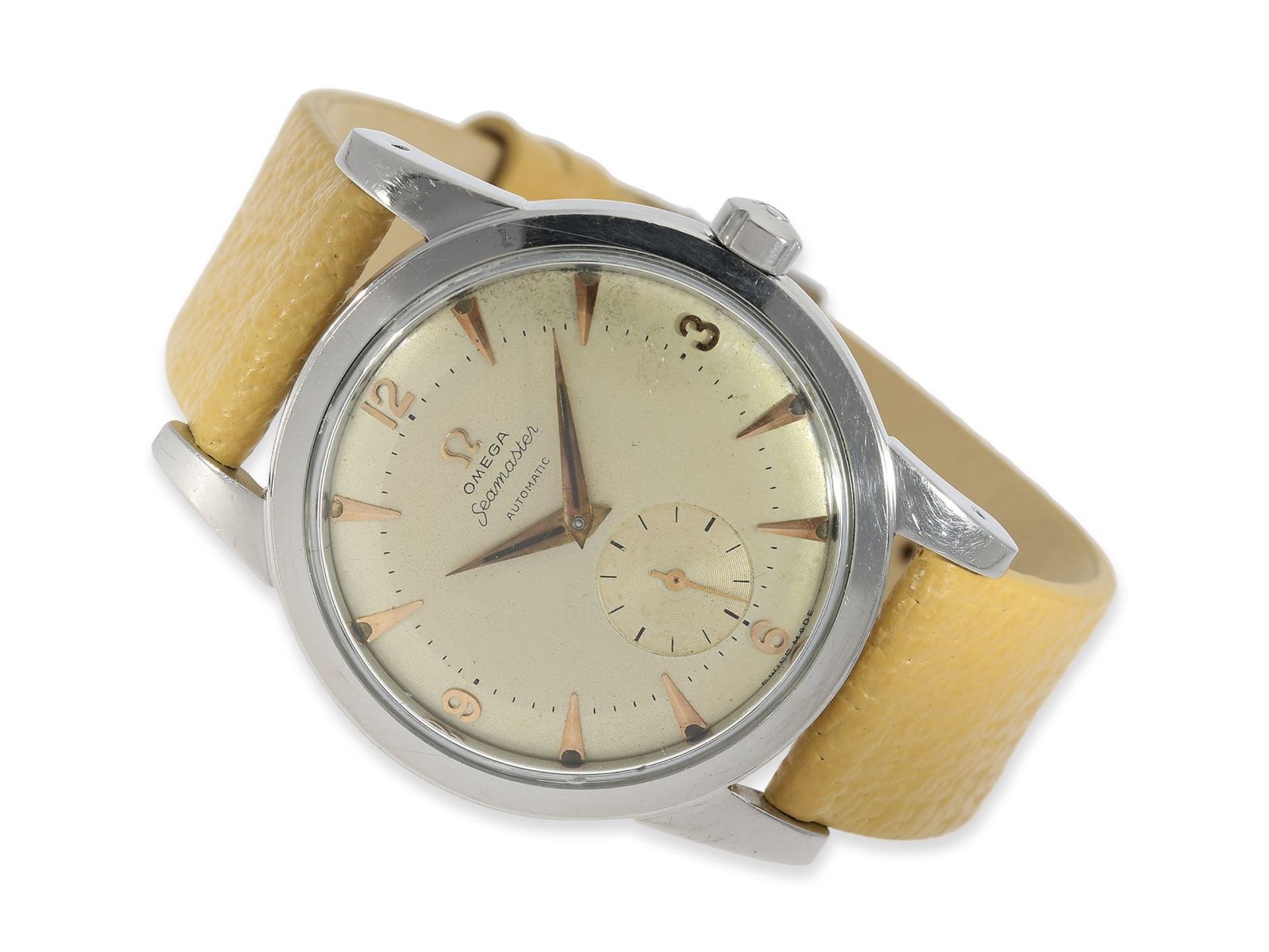 Armbanduhr: frühe Omega Seamaster Automatic in Stahl, ca. 1952, Ca. Ø36mm, Edelstahl, verschraubt,