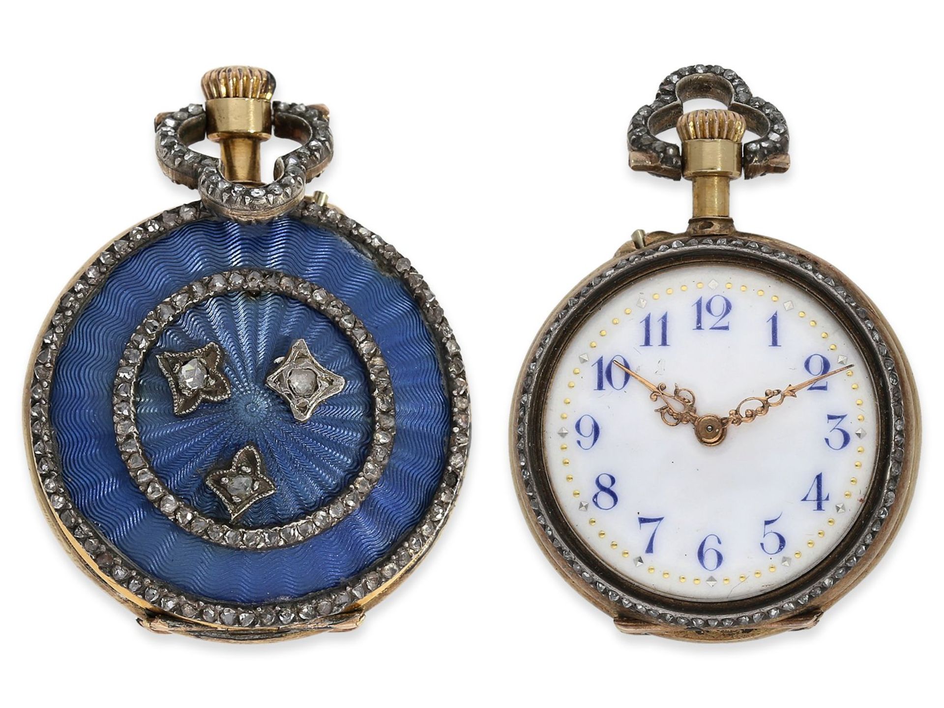 Taschenuhr/Anhängeuhr: hochfeine Gold/Emaille-Damenuhr mit Diamantbesatz, signiert Le Coultre, ca.