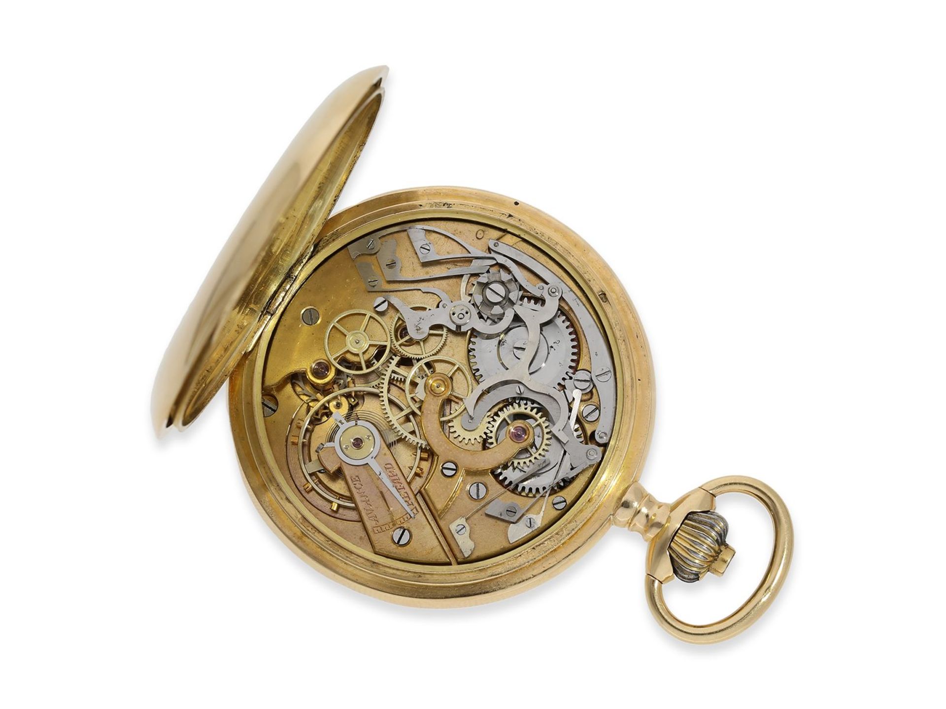 Taschenuhr: goldener Chronograph mit seltenem Zifferblatt, ca. 1920, Ca. Ø50,5mm, ca. 87g, 18K Gold, - Image 2 of 5