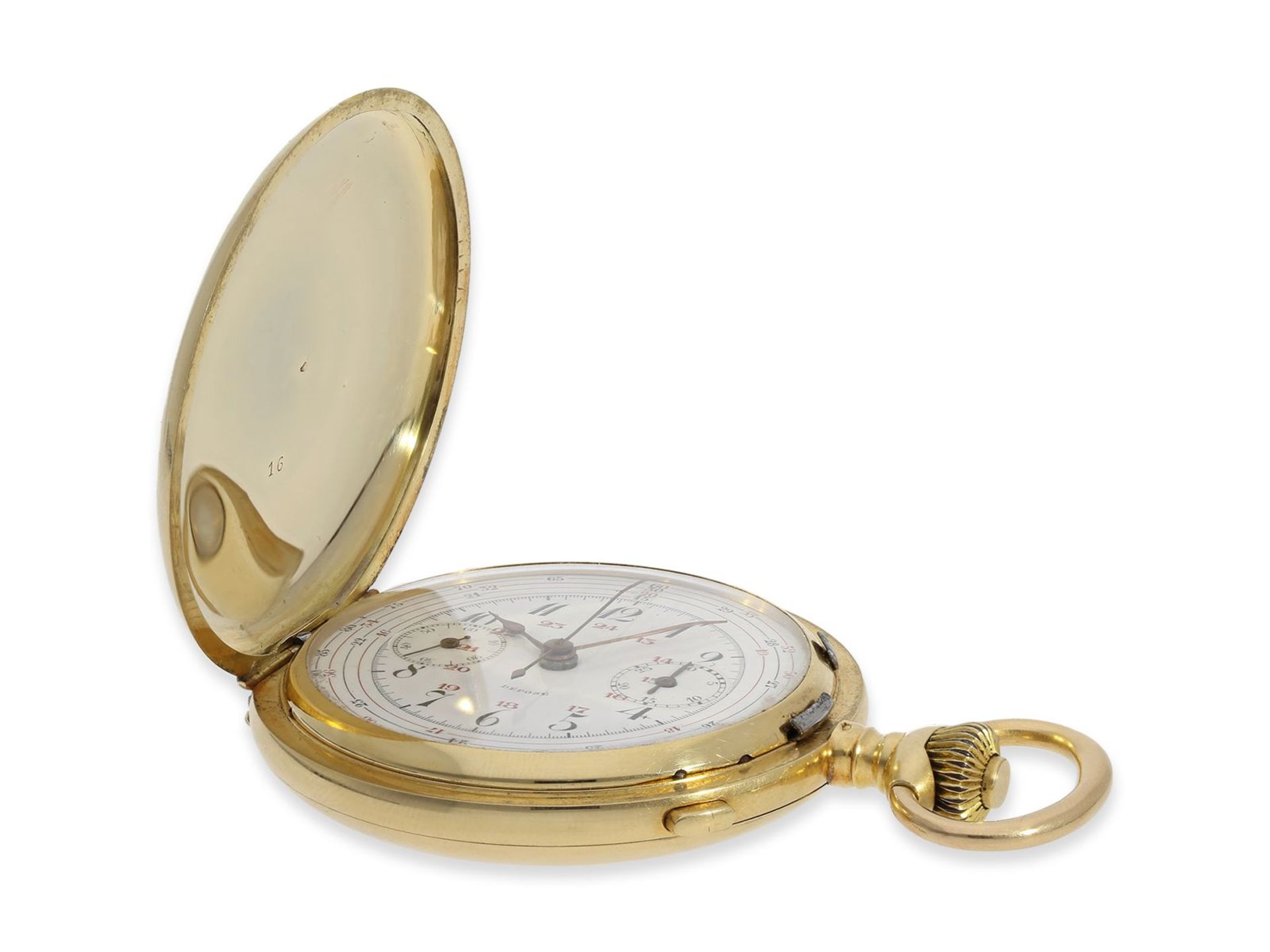 Taschenuhr: feine Goldsavonnette mit Chronograph, Frankreich ca. 1910, Ca. Ø51mm, ca. 99g, 18K Gold, - Image 6 of 8