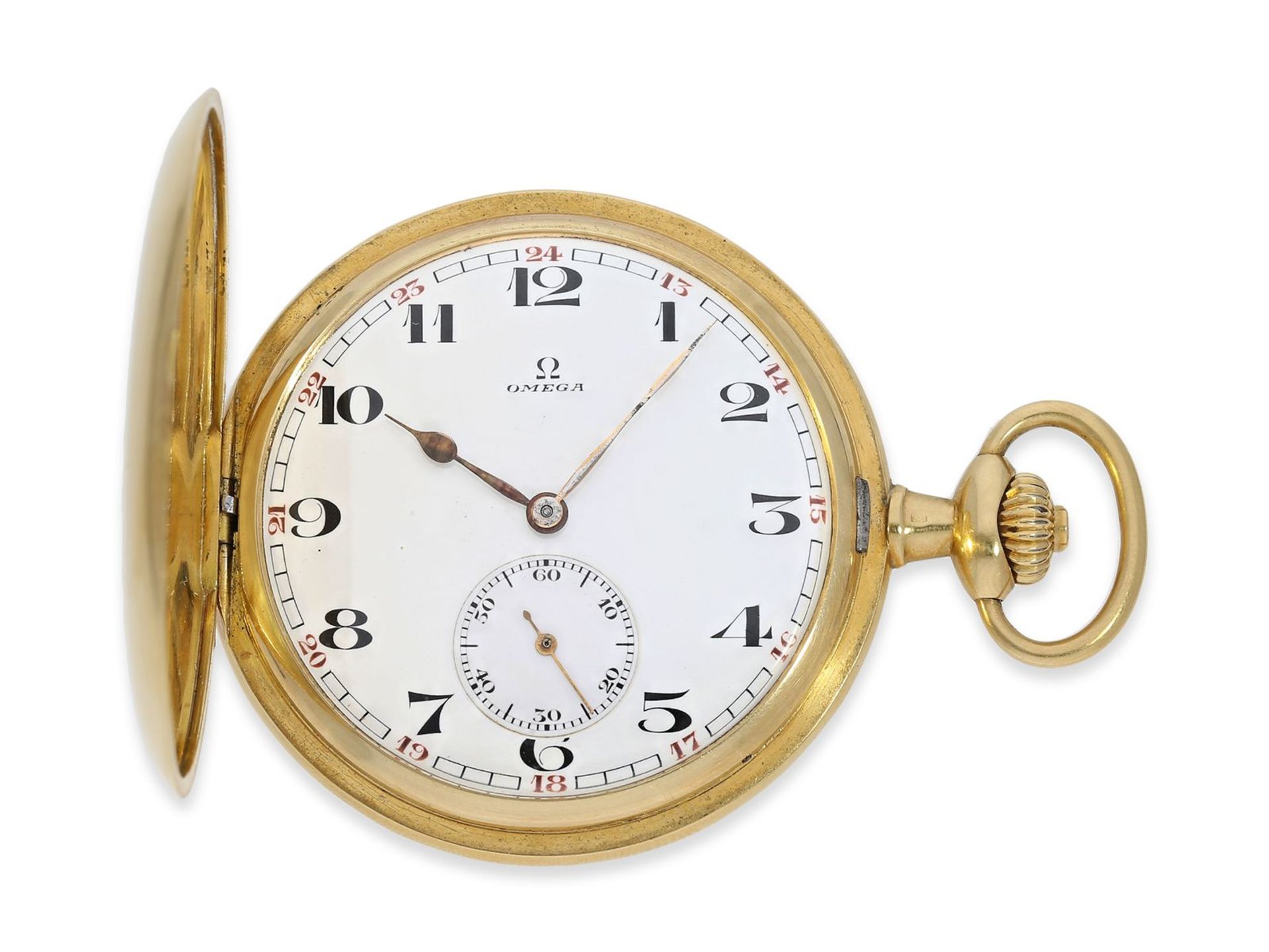 Taschenuhr: schöne Omega Goldsavonnette in 18K Gold, ca. 1900, Ca. Ø50mm, ca. 83g, 18K Gold,