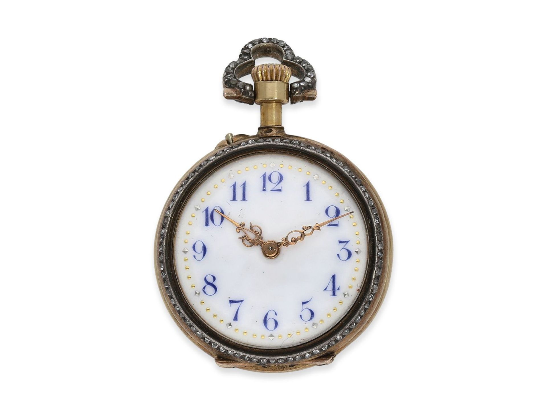 Taschenuhr/Anhängeuhr: hochfeine Gold/Emaille-Damenuhr mit Diamantbesatz, signiert Le Coultre, ca. - Image 2 of 6