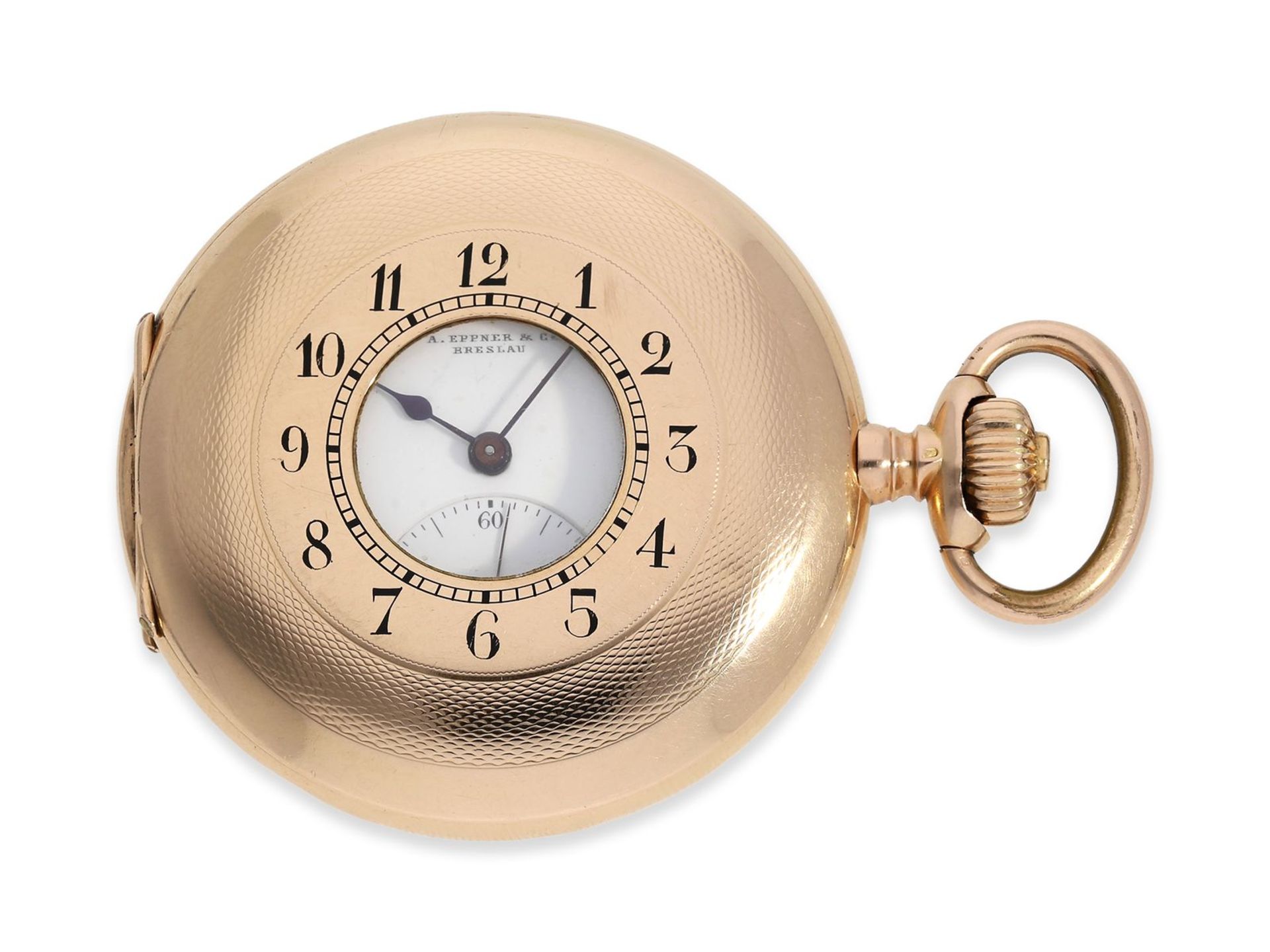 Taschenuhr: schwere rotgoldene Halbsavonnette, A. Eppner & Cie, Breslau, ca. 1900, Ca. Ø53,5mm,