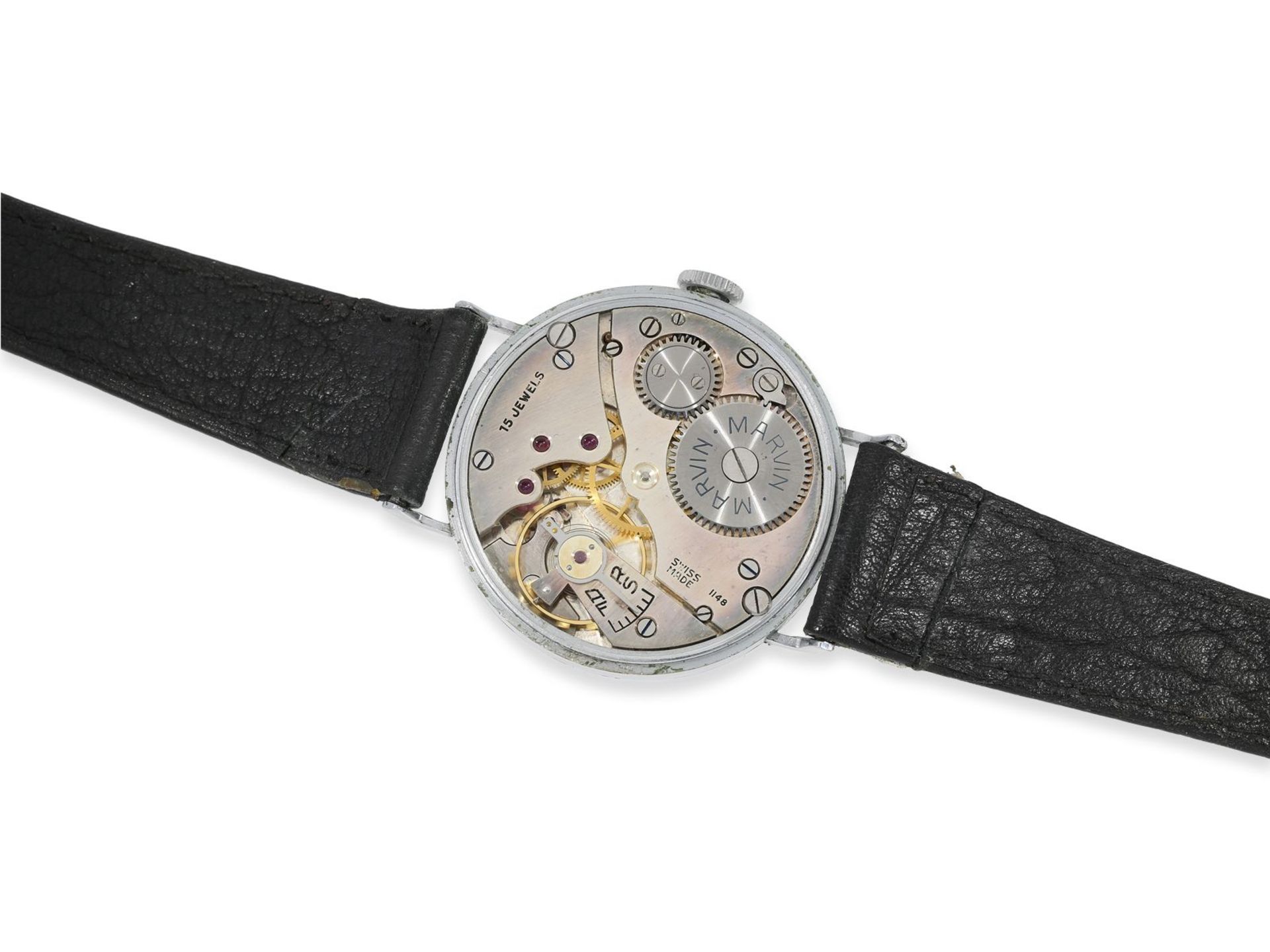 Armbanduhr: sehr seltene, oversize "39mm" Marvin mit schwarzem Zifferblatt, new-old-stock, 40er- - Bild 2 aus 5