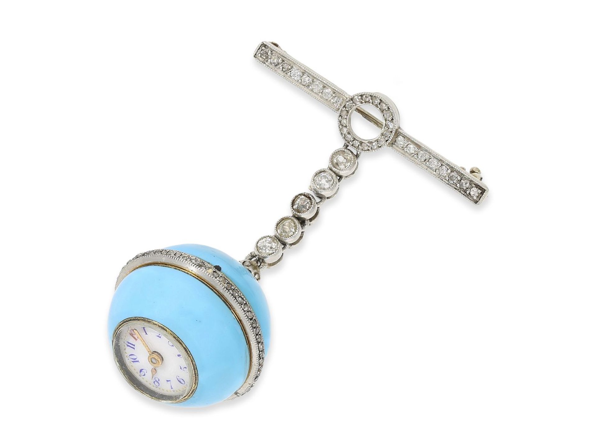 Anhängeuhr/Broschenuhr/Formuhr: äußerst seltene emaillierte "Boule de Geneve" mit Diamantbesatz, - Bild 4 aus 4