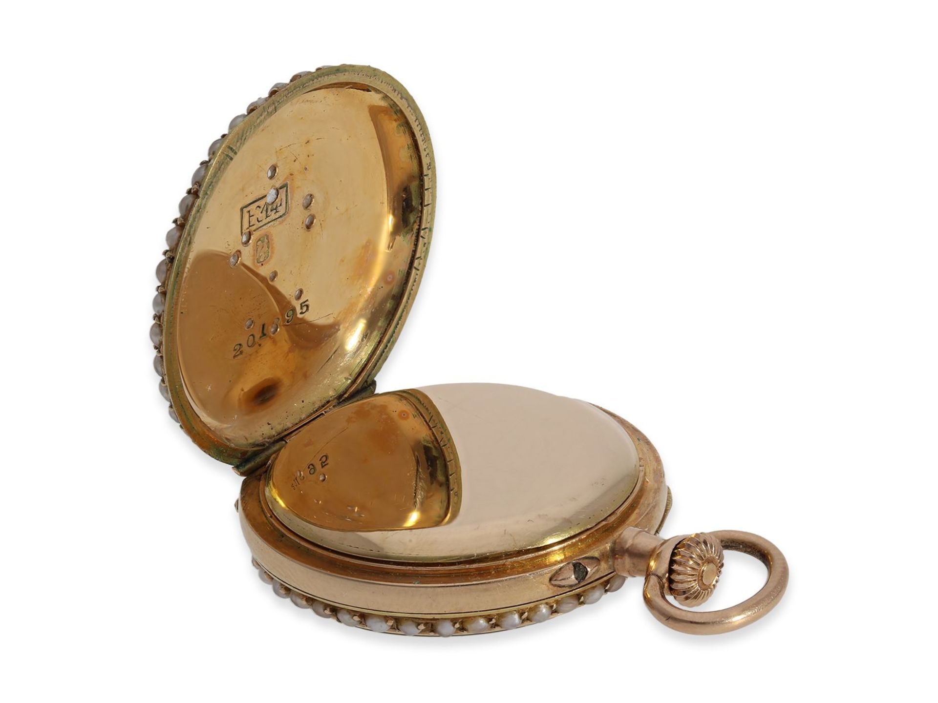 Anhängeuhr/Taschenuhr: hochfeine Gold/Emaille-Damenuhr mit Perlenbesatz und Diamantbesatz, ca. 1900, - Image 5 of 5