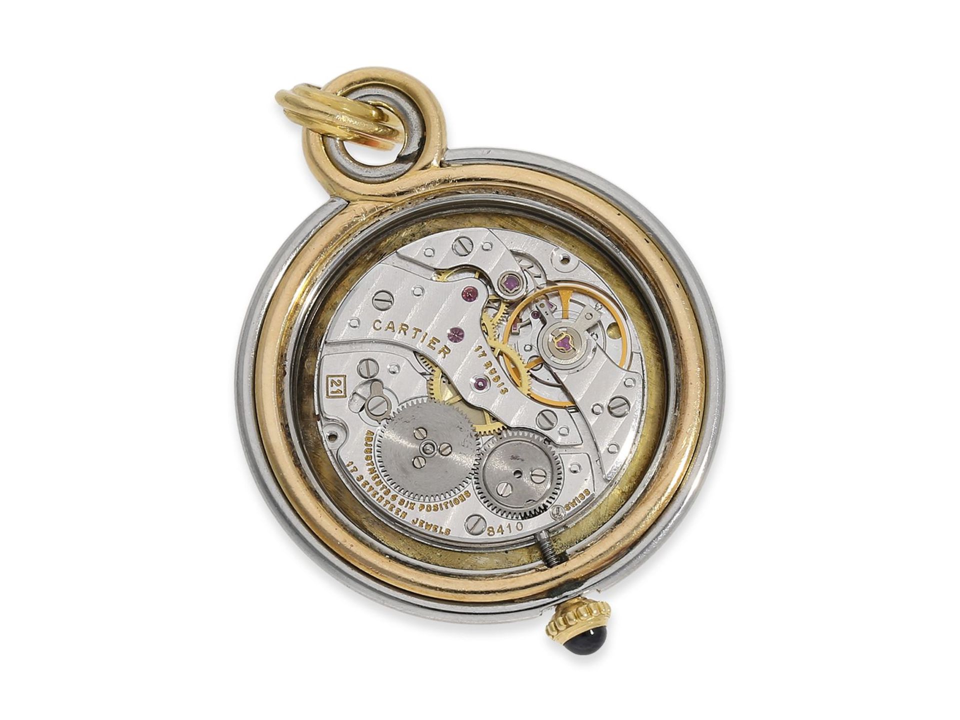 Anhängeuhr: feine vintage Cartier Anhängeuhr in Stahl/Gold, Ca. Ø30,5mm, 18K Gold und Stahl, - Image 2 of 4